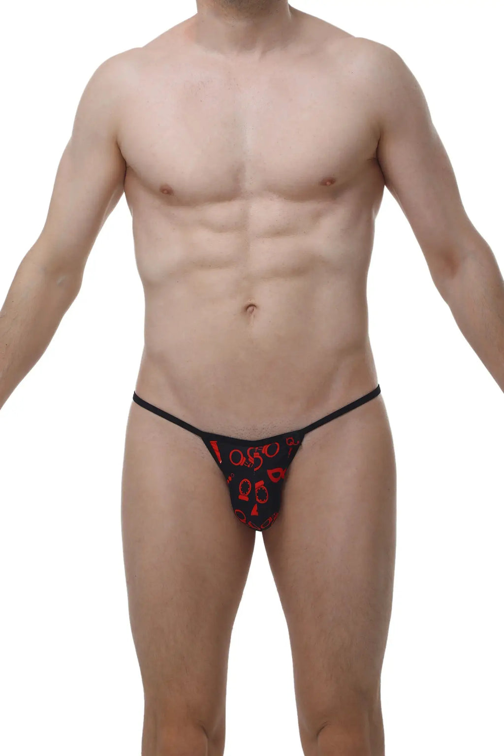 Black thong with red keyhole pattern from PetitQ Kini Boudoir featuring a sensual and elegant design