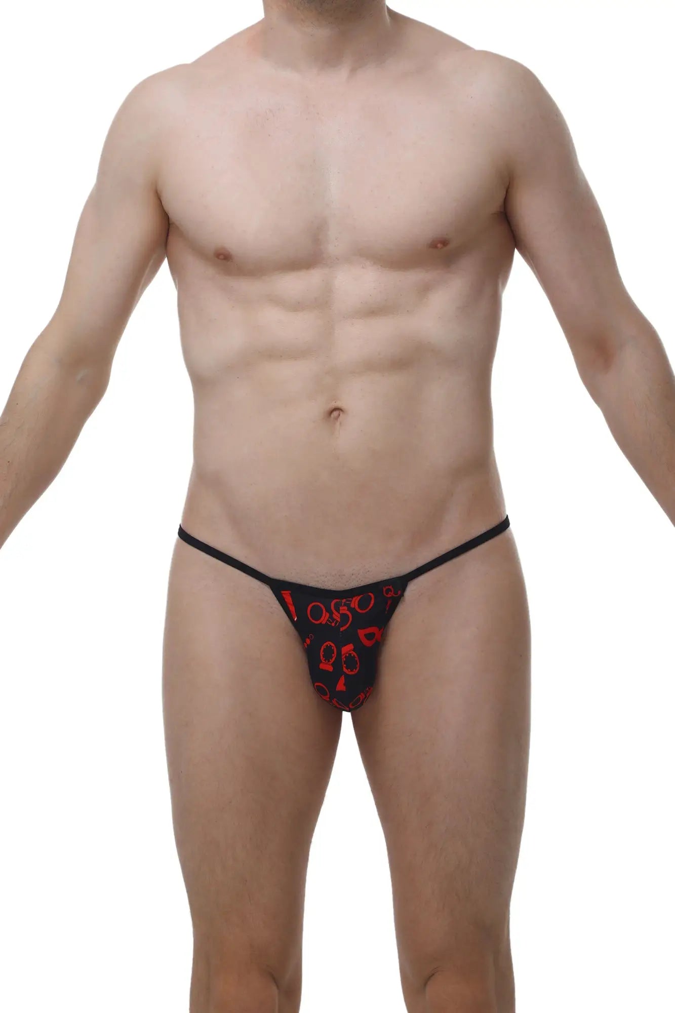 Black thong with red keyhole pattern from PetitQ Kini Boudoir featuring a sensual and elegant design