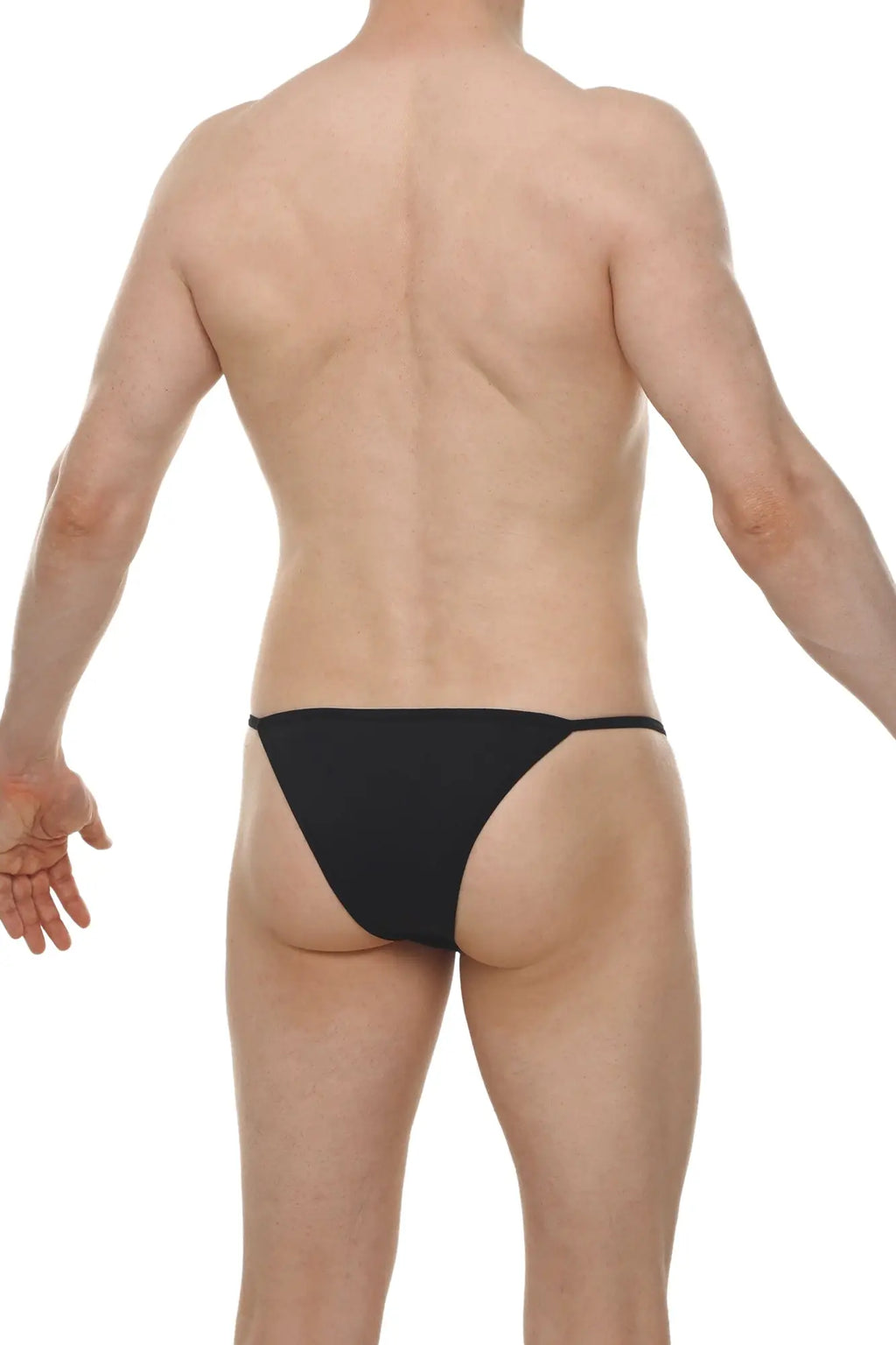 Kini Skine black smooth stretchy fabric thong with a minimalist design shown from the back side
