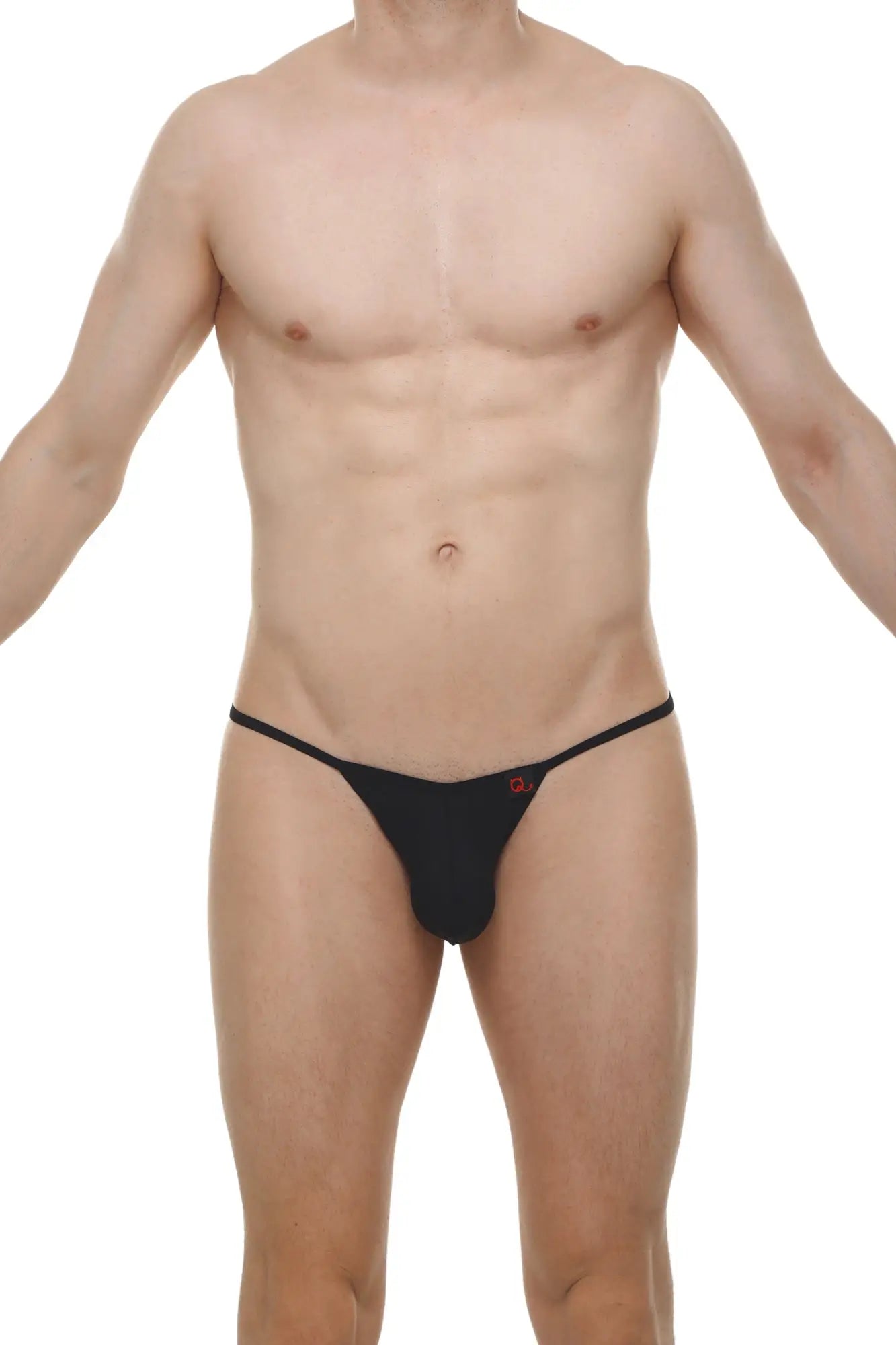 Black thong bikini bottom with small red logo on front from kini skine collection