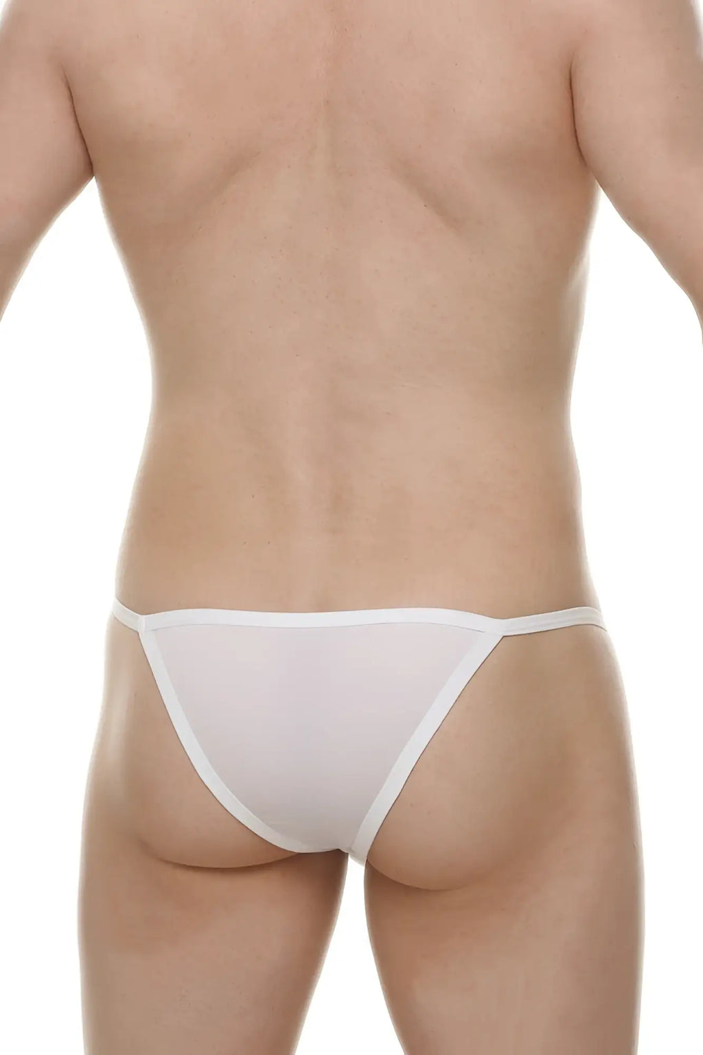 Kini skine white sheer triangular briefs with thin waistband and leg openings in white sheer fabric