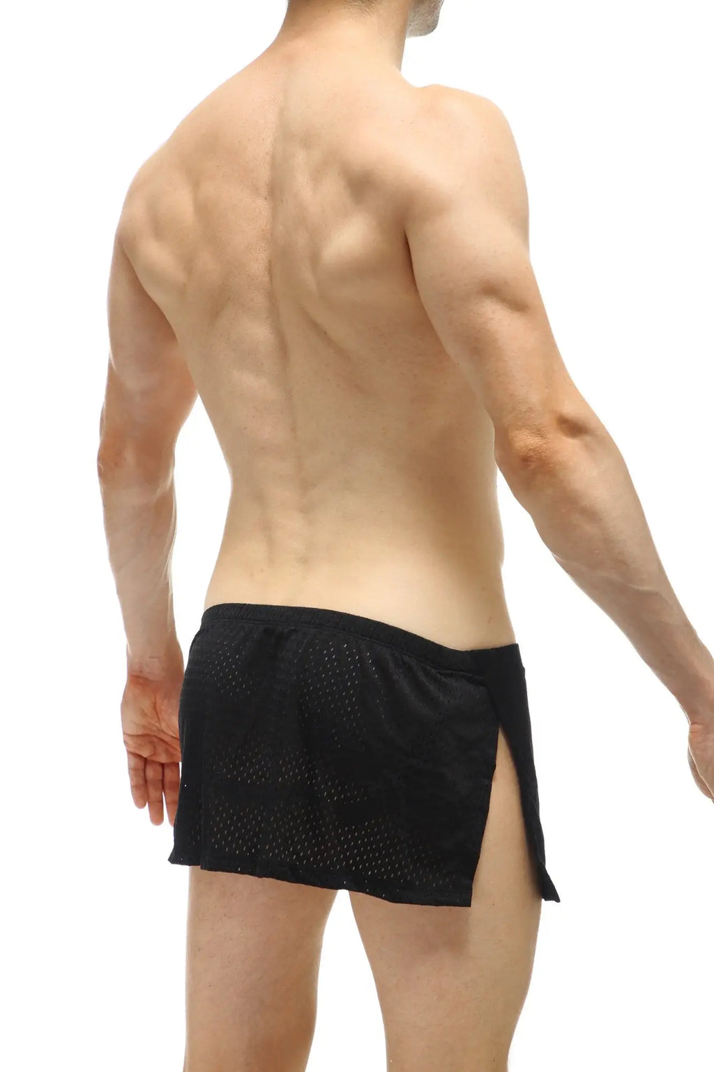 PetitQ loincloth bee black mesh athletic shorts with a side slit and jockstrap for activewear use