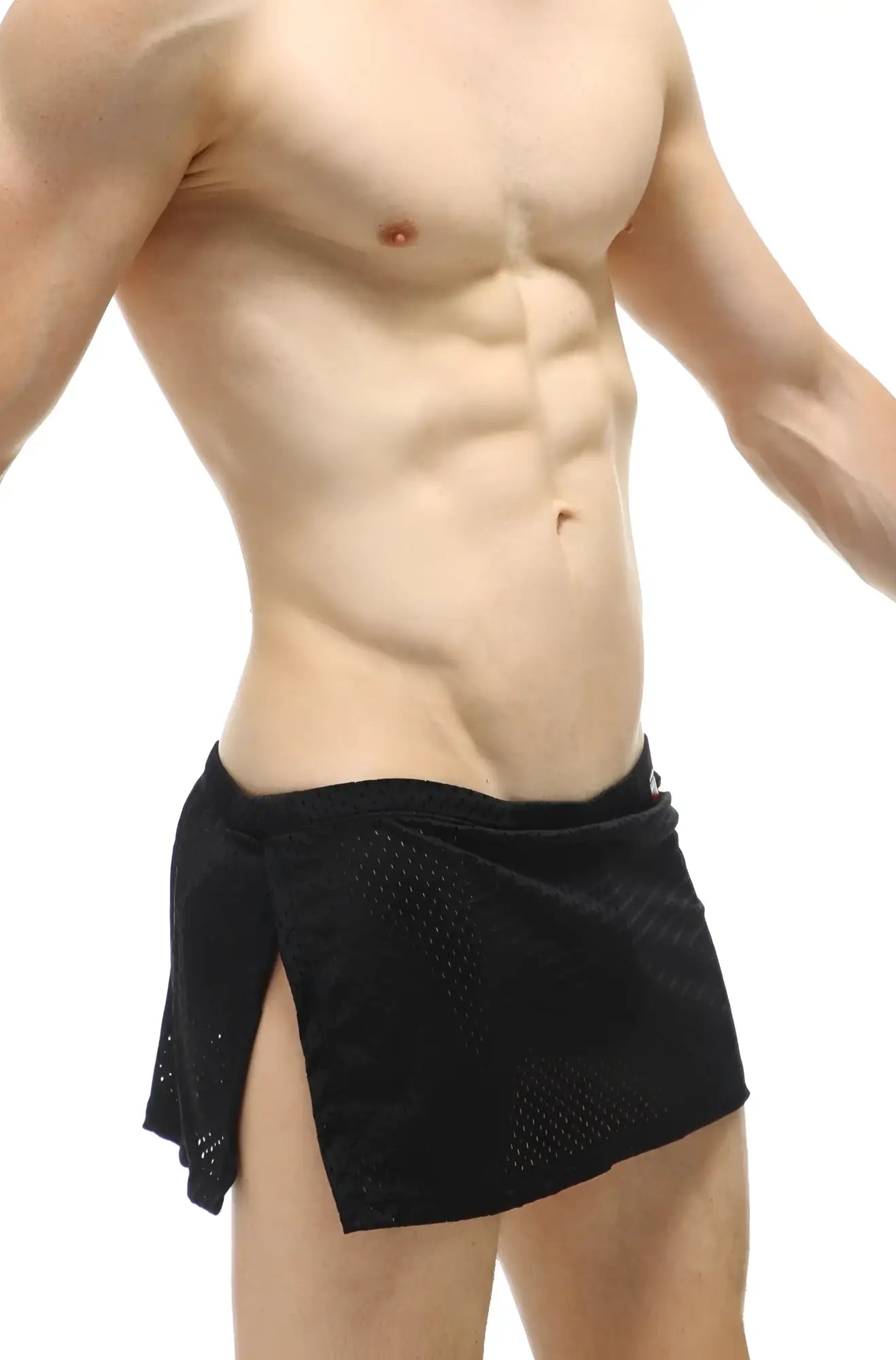 Petitq loincloth bee black mesh athletic shorts with side slit and elastic waistband showing the back side