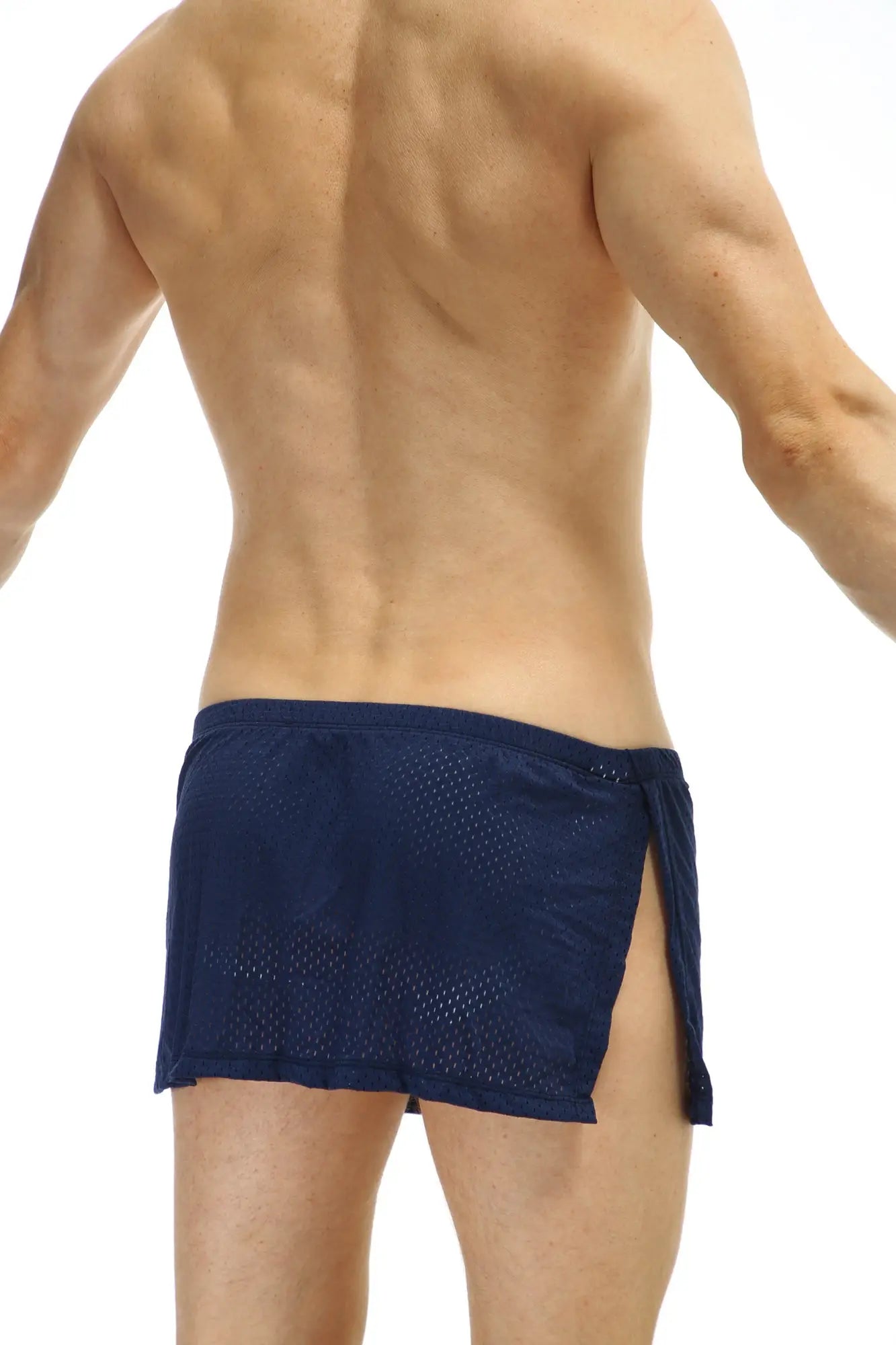 Navy blue mesh athletic loincloth bee shorts with side slit and tied waistband by petitq with jockstrap design