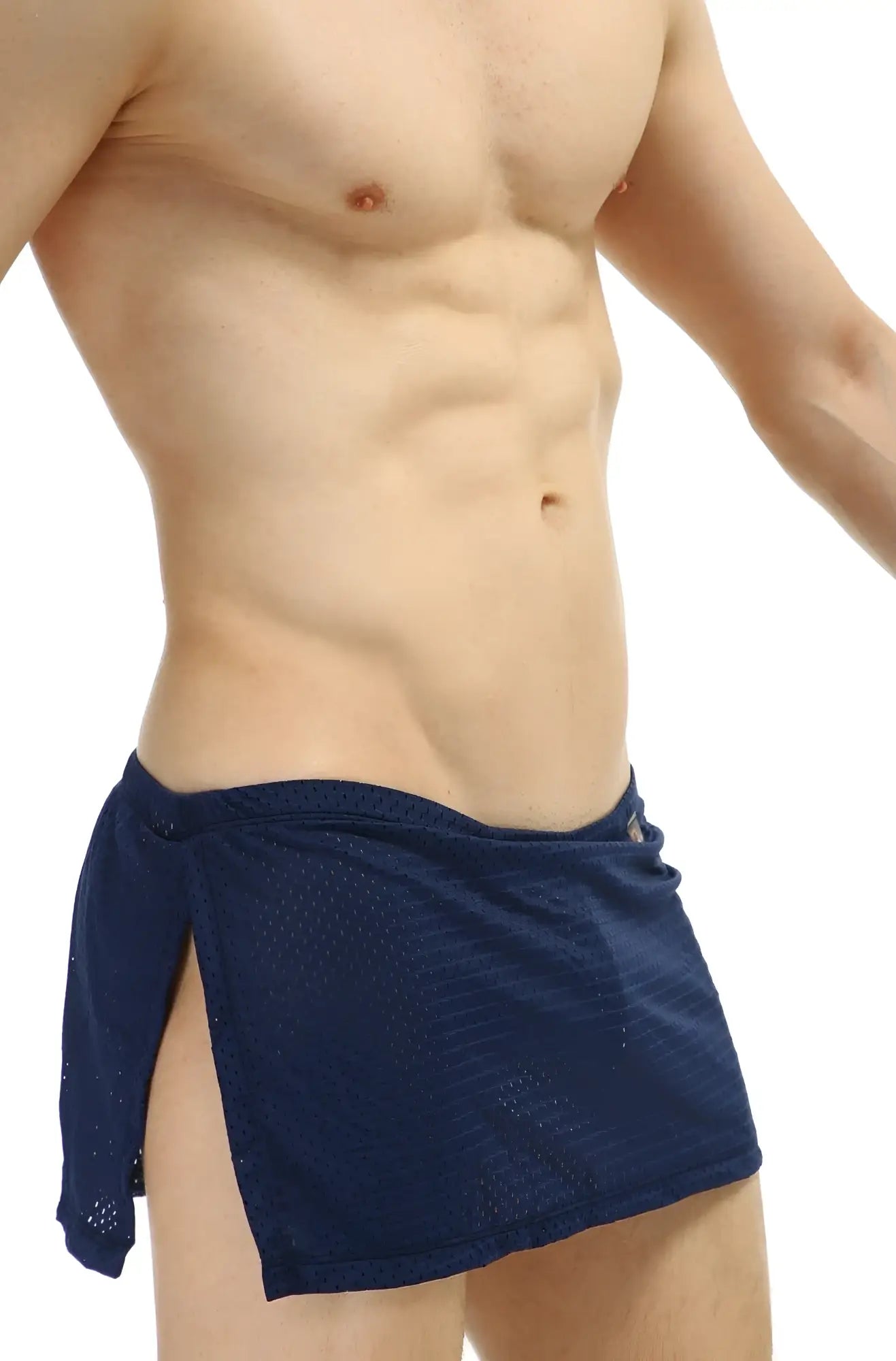 Navy blue mesh fabric wrap-around petitq loincloth bee shorts with side slits and tied closure featuring jockstrap