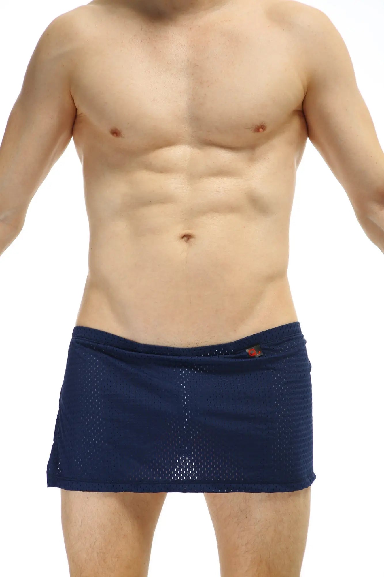 Navy blue mesh swim trunks with subtle ribbed texture and small orange logo on waistband petitq loincloth bee navy