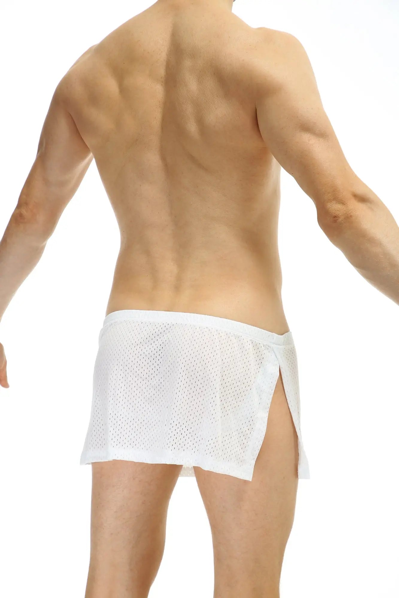 White mesh loincloth bee briefs with side slit and elastic waistband featuring jockstrap design