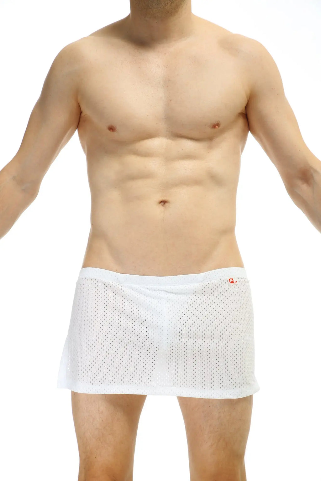 White mesh loincloth bee briefs with jockstrap featuring a subtle red logo on the waistband