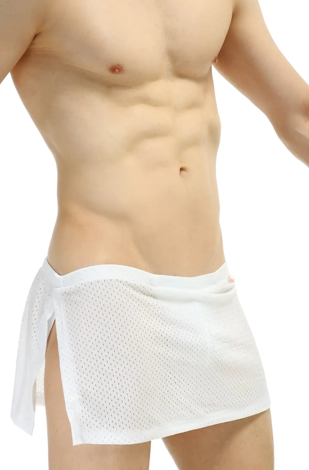 White mesh loincloth bee swim trunks with jockstrap and side ties designed for swimwear use