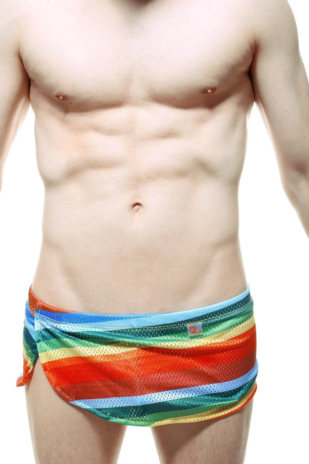 Petitq loincloth brief rainbow swim trunks feature rainbow-striped mesh fabric with colorful horizontal stripes