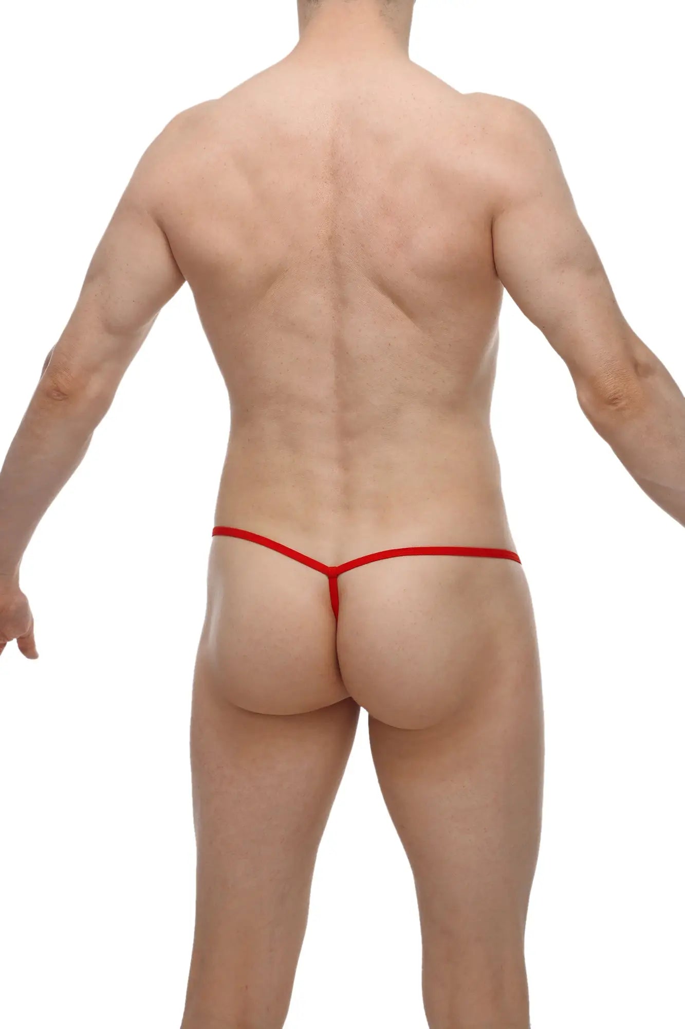 Red thong petitq micro g-string bee red with thin seamless design shown from the back side