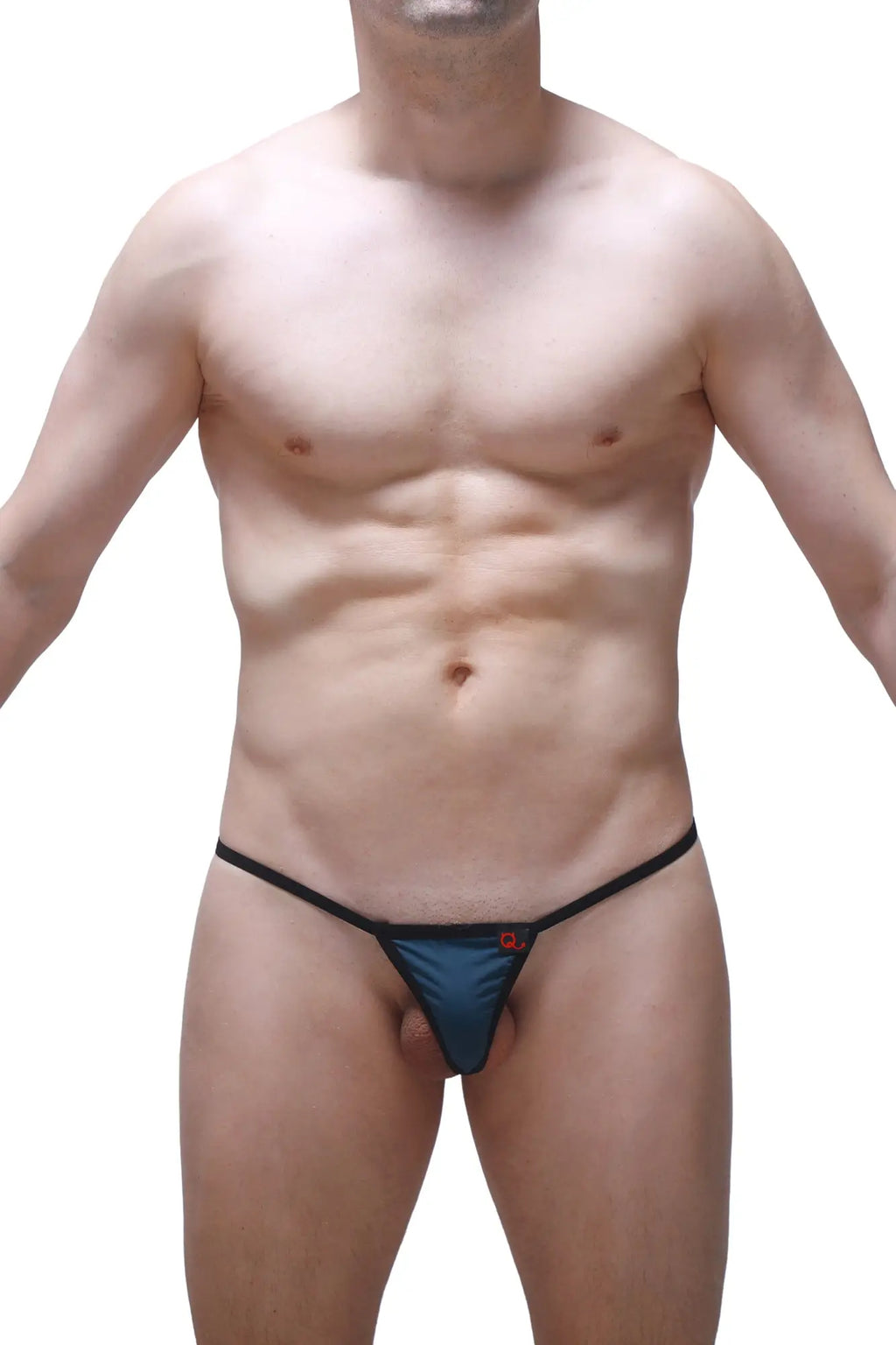Blue satin micro g-string with black trim and a small red logo front by petitq prussian