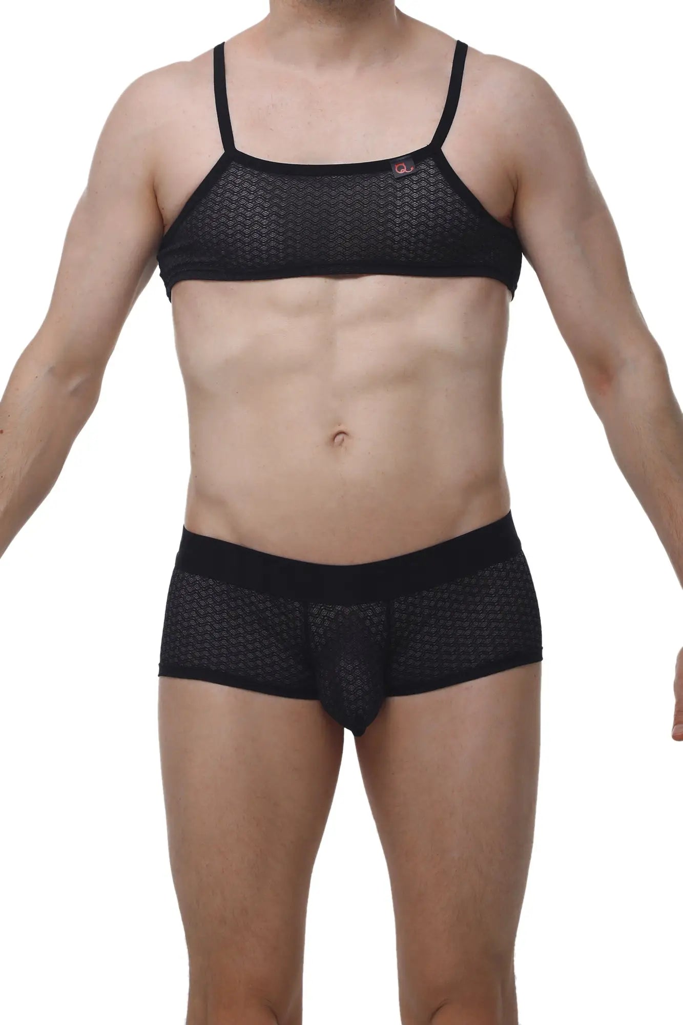 PetitQ micro tank macra black mesh bra and matching briefs set with thin straps and textured pattern