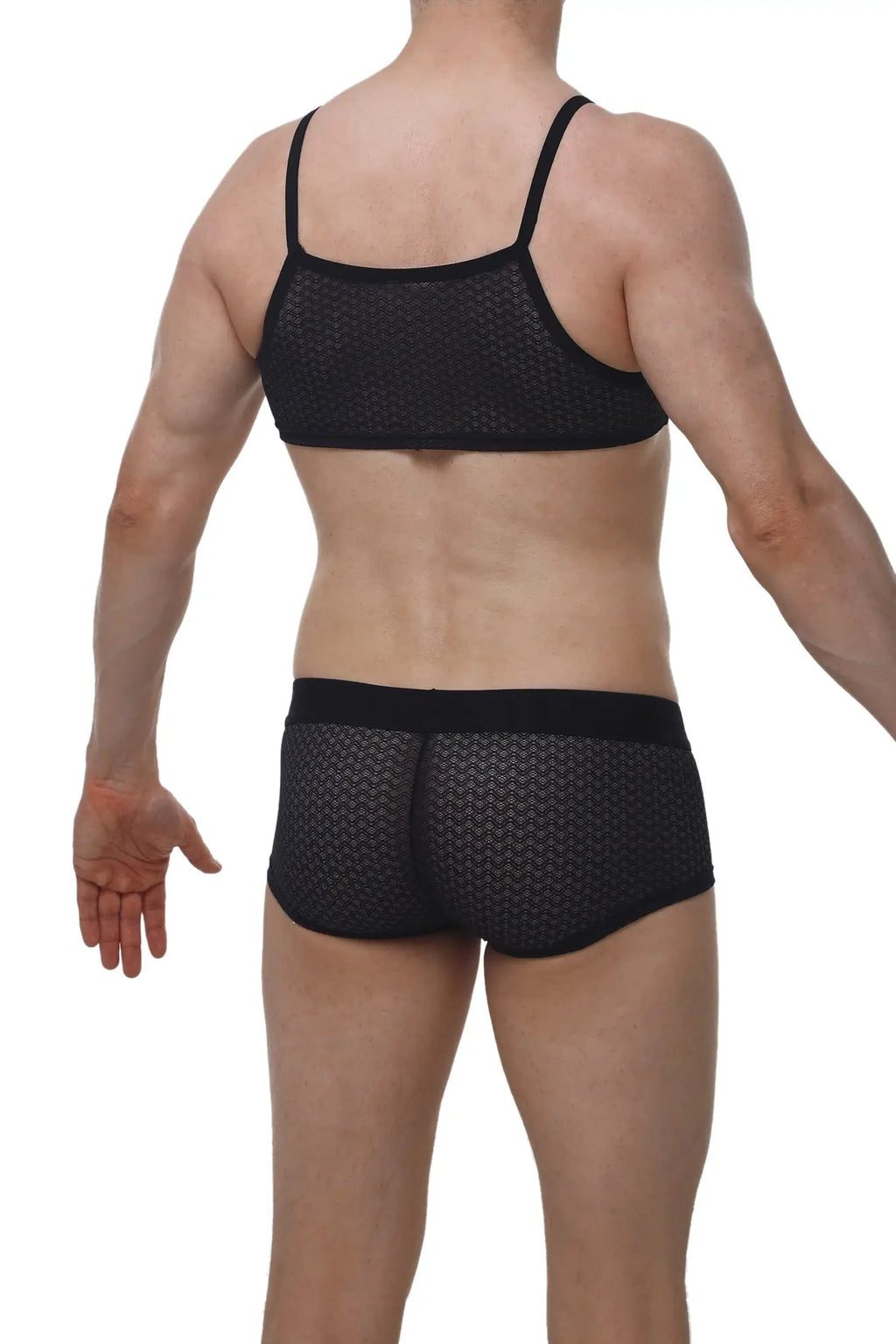 Black mesh bra and briefs set with thin straps and geometric pattern from petitq micro tank macra black collection