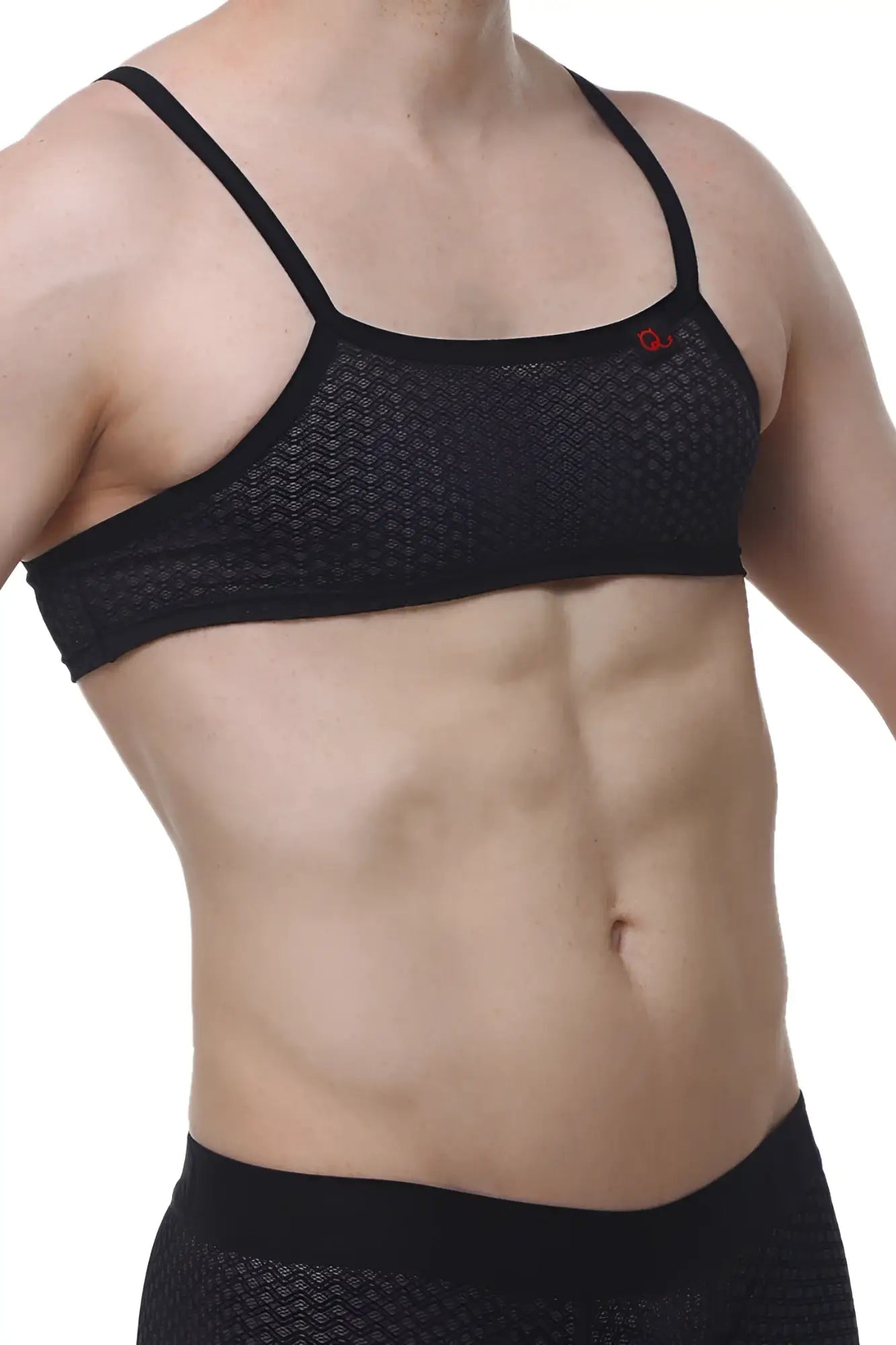 PetitQ micro tank Macra black black mesh sports bra with thin straps and small red logo on upper right side