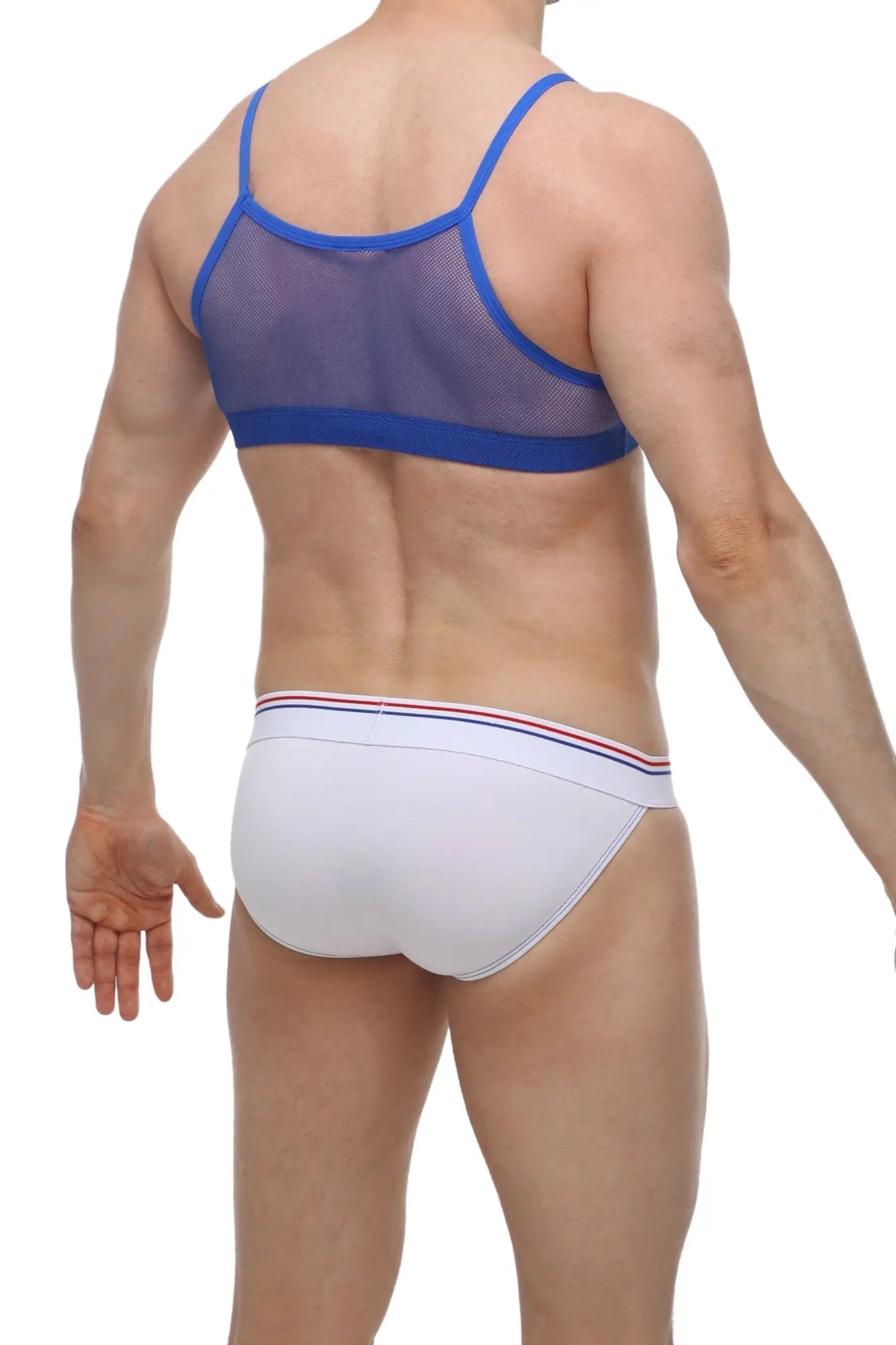 Blue mesh bra with solid blue trim paired with white briefs featuring a red white and blue striped waistband