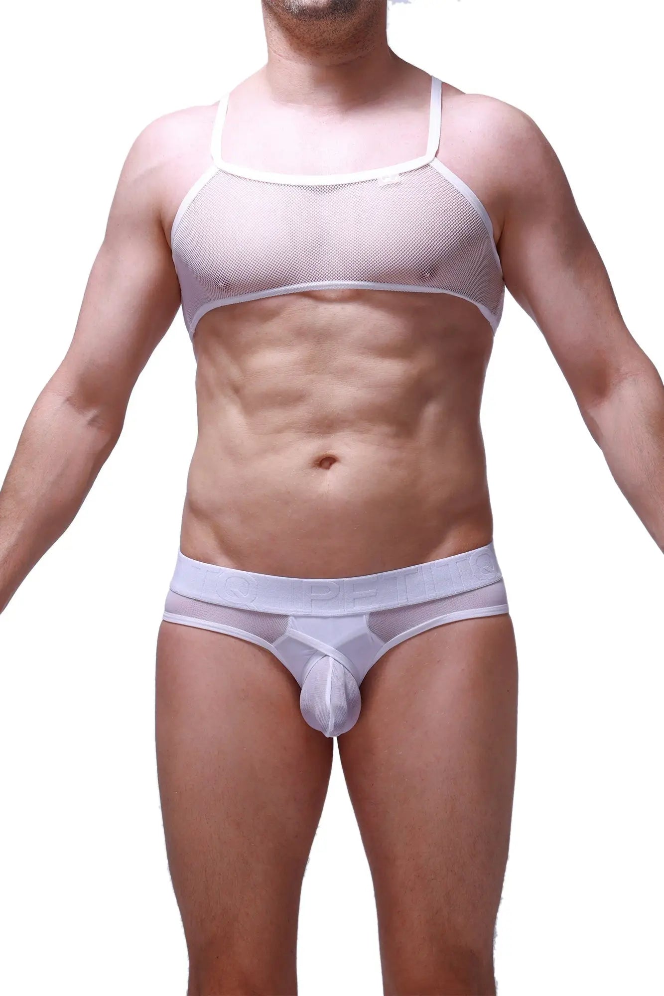 PetitQ micro tank top mesh white men’s underwear set with supportive bra top and breathable white mesh briefs