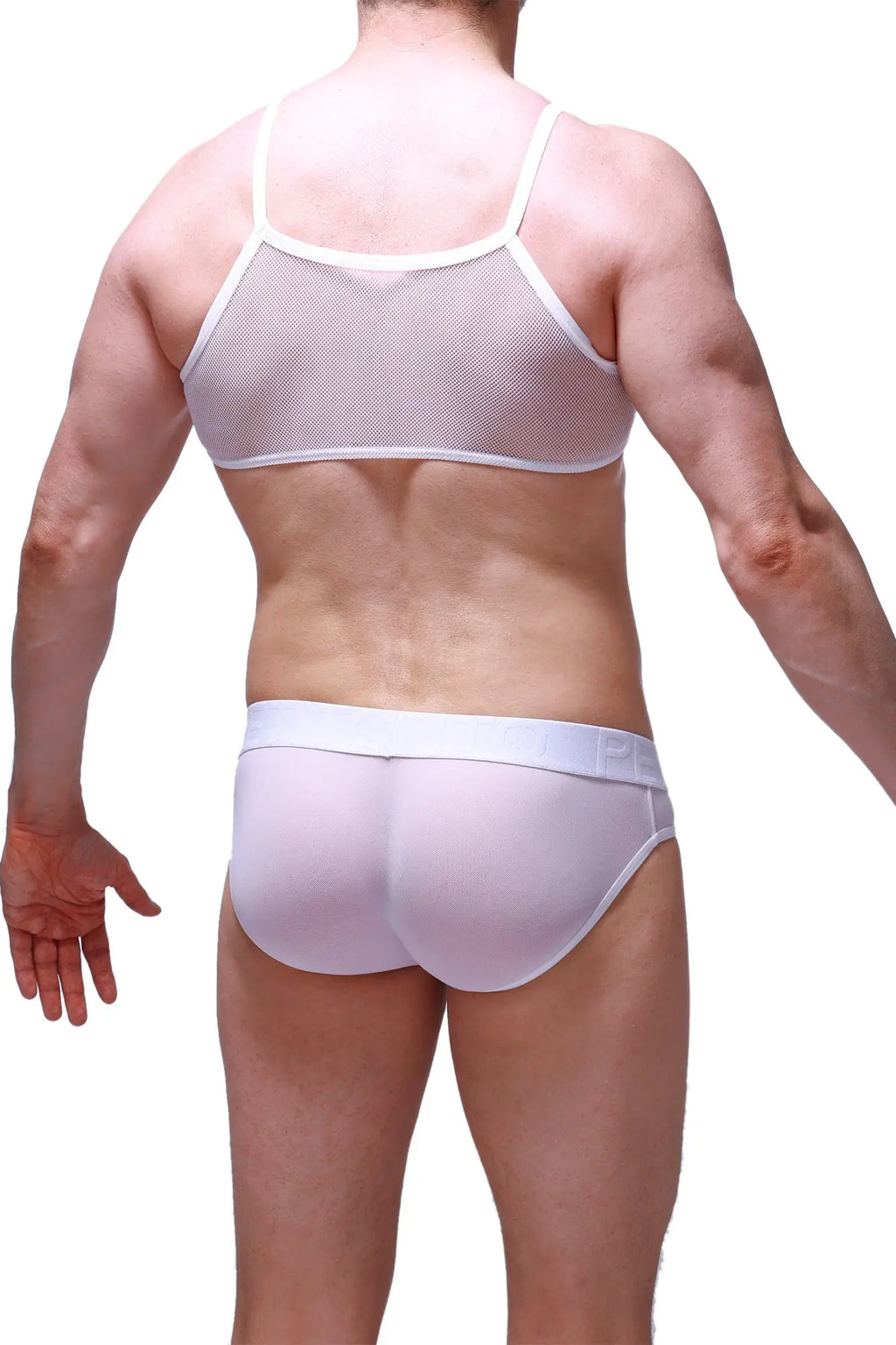 Petitq micro tank top mesh white with thin straps and matching white mesh briefs in a front view