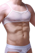 White mesh petitq micro tank top with thin straps and a subtle logo on the chest