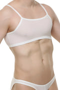White sheer micro tank top bra with thin straps and smooth form-fitting design in skine white color