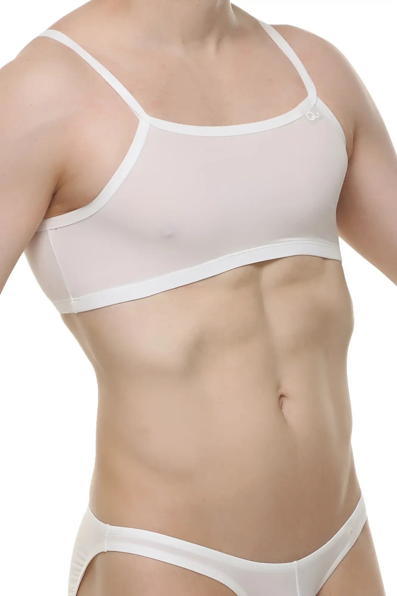White sheer micro tank top bra with thin straps and smooth form-fitting design in skine white color