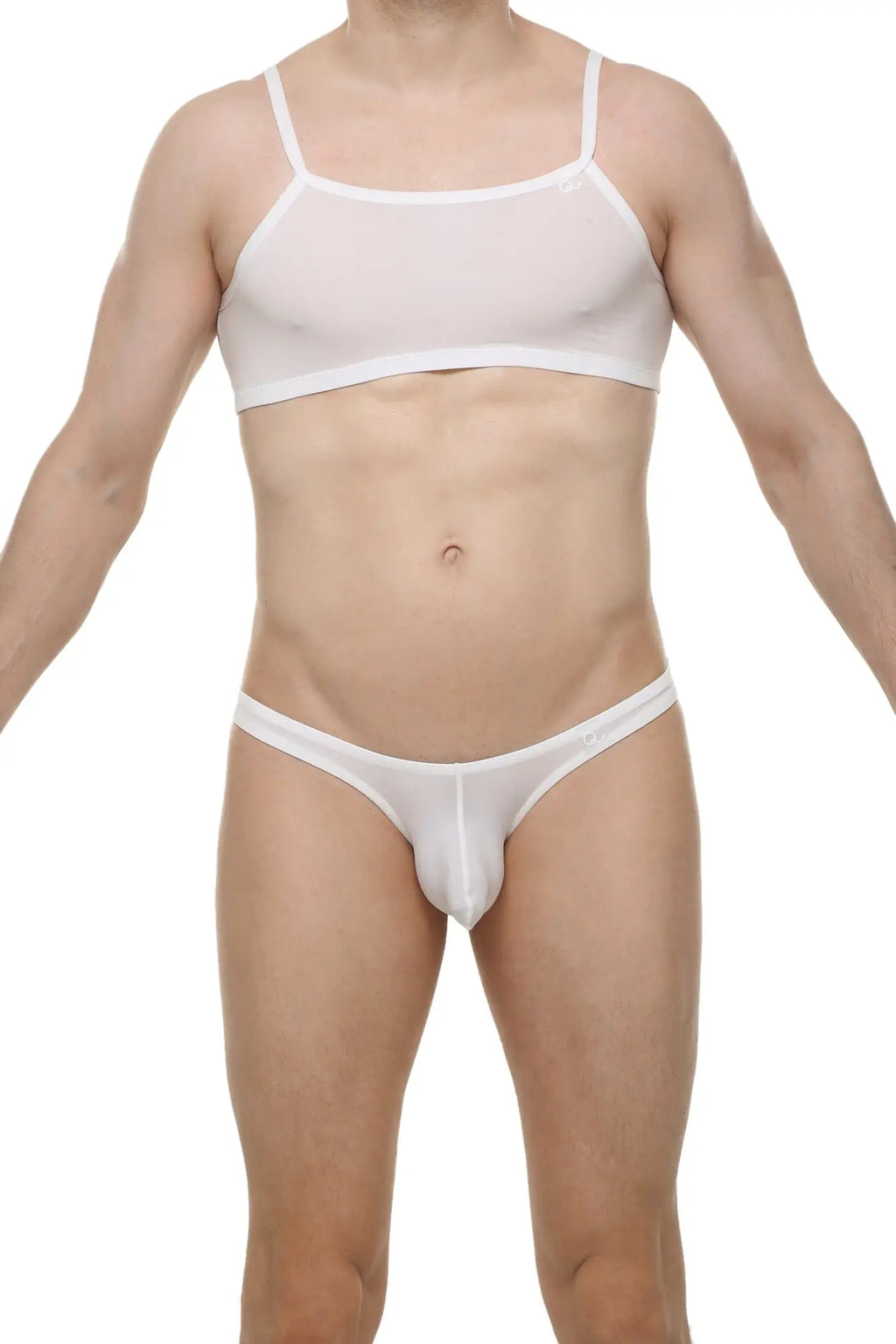 White sheer mesh two-piece lingerie set with micro tank top in skine white featuring lightweight breathable fabric