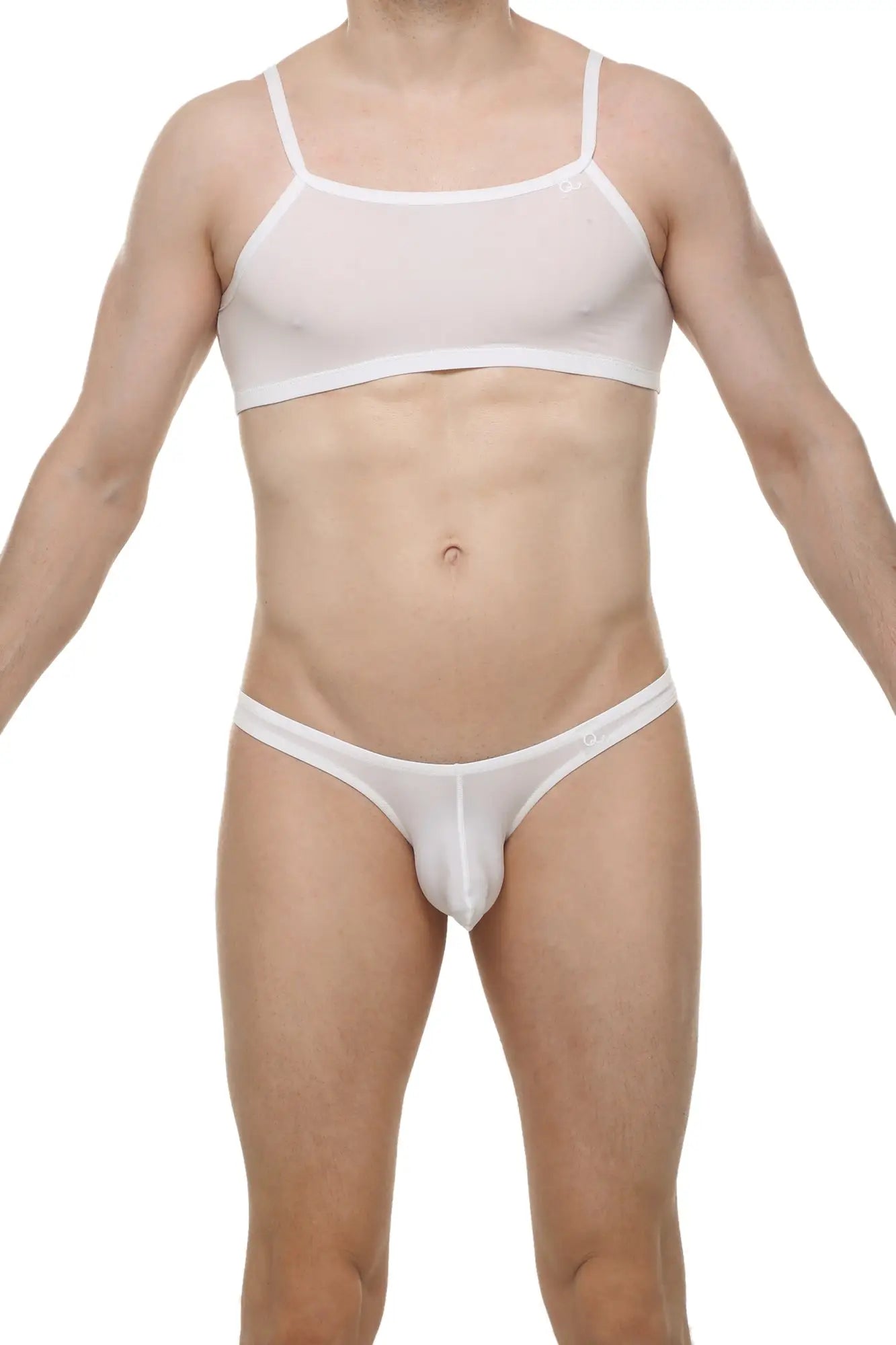 White sheer mesh two-piece lingerie set with micro tank top in skine white featuring lightweight breathable fabric