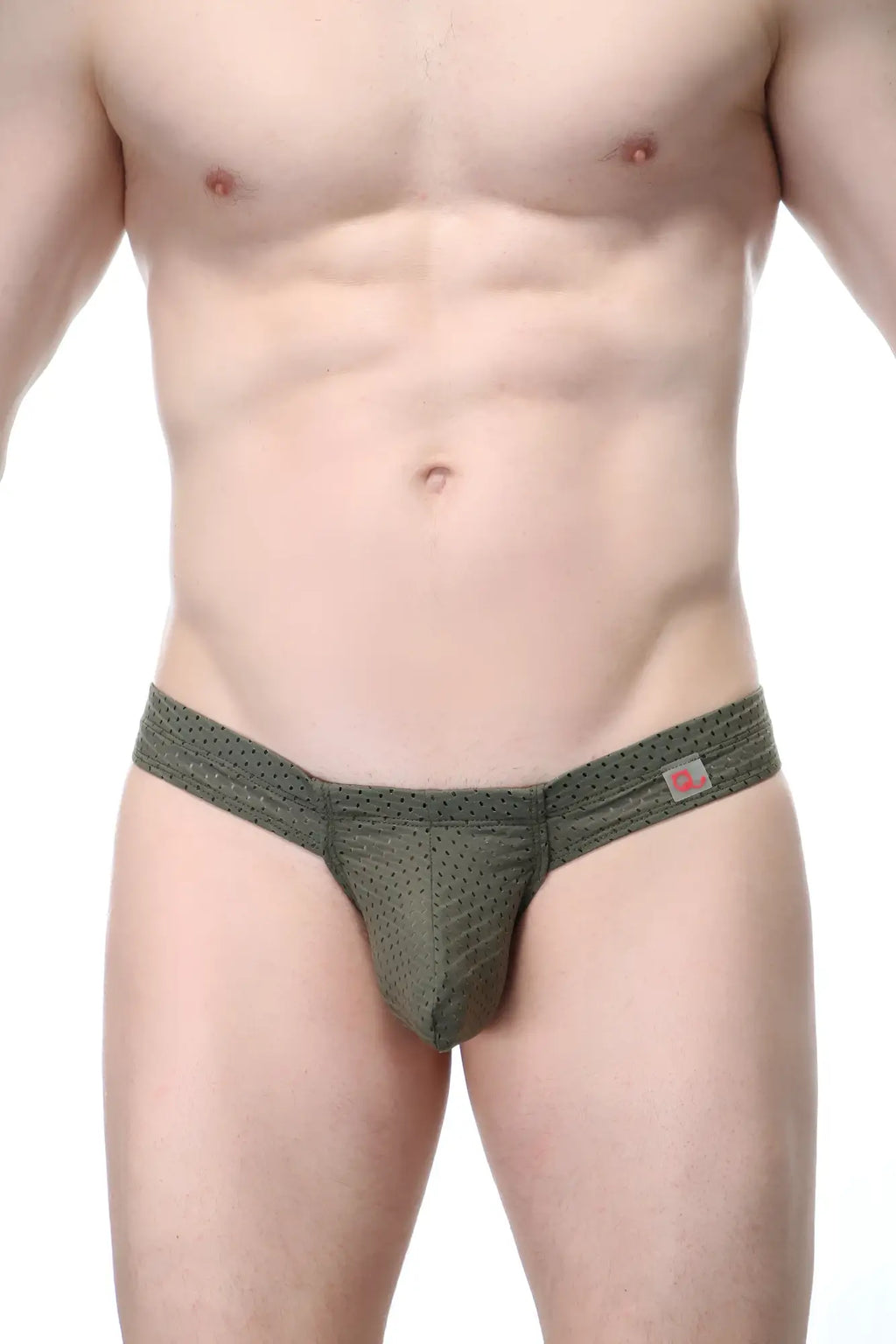 Petitq mini boxer cheek bee sage olive green mesh thong with subtle textured pattern and pink logo tag on waistband