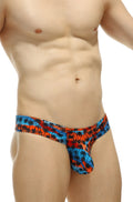 Mini boxer cheek temae vibrant orange and blue tropical palm tree patterned men’s thong front view