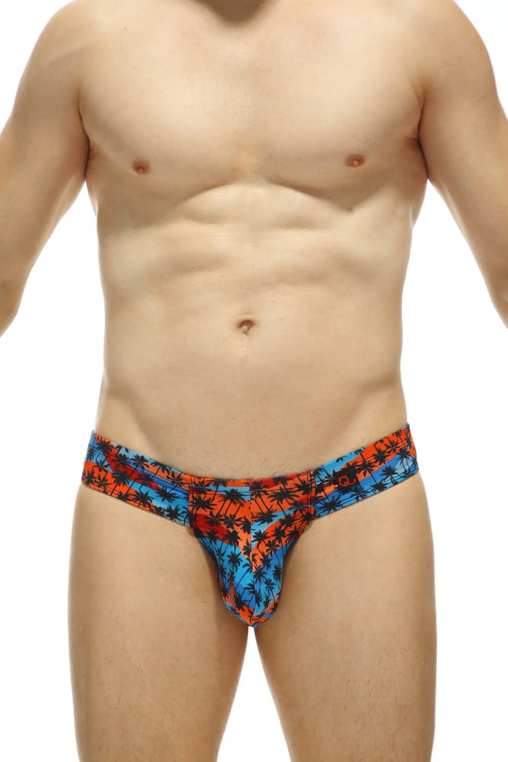 Mini boxer cheek temae men’s briefs with vibrant orange and blue tropical palm tree pattern in soft fabric