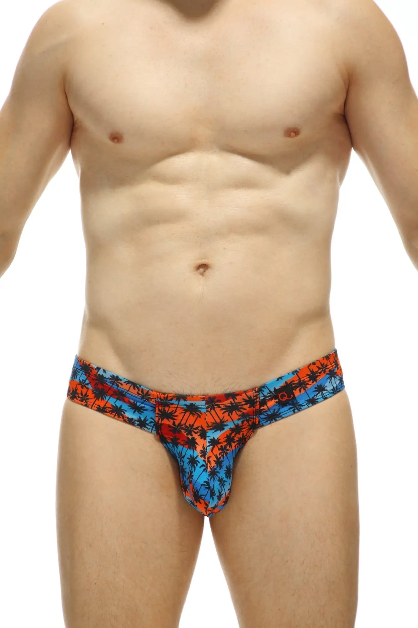 Mini boxer cheek temae men’s briefs with vibrant orange and blue tropical palm tree pattern in soft fabric