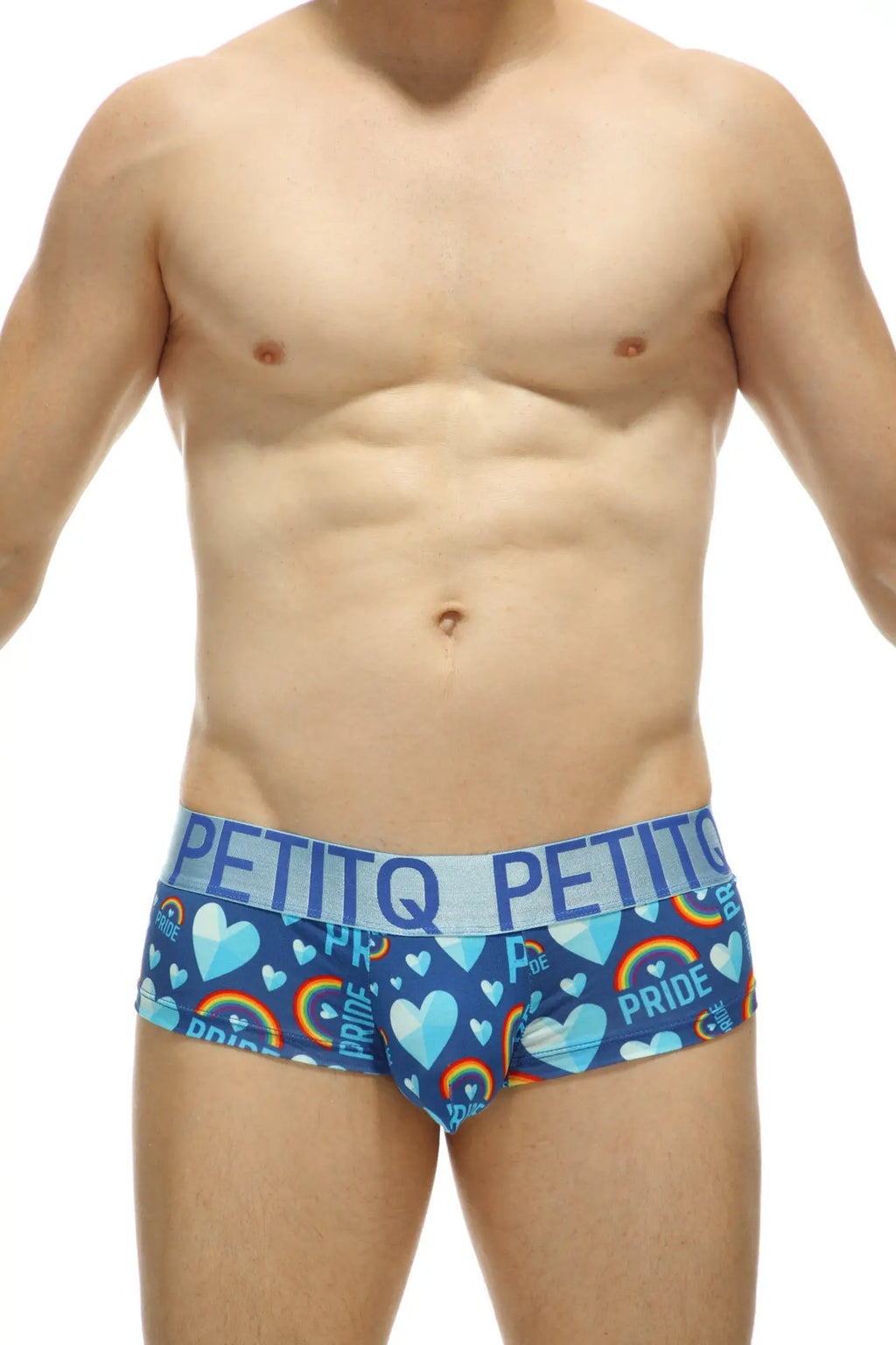 Blue petitq mini boxer double pride briefs with heart and rainbow patterns and a light blue pride waistband