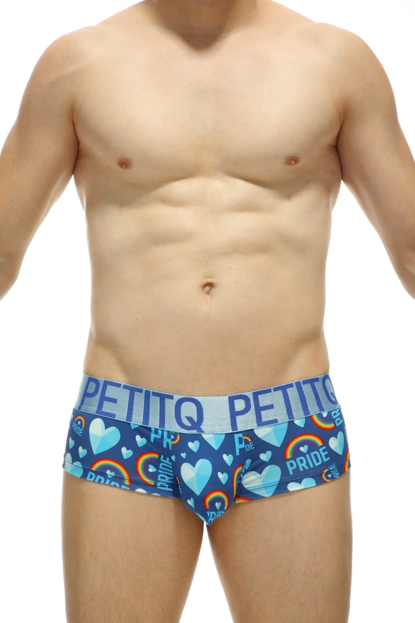Blue petitq mini boxer double pride briefs with heart and rainbow patterns and a light blue pride waistband