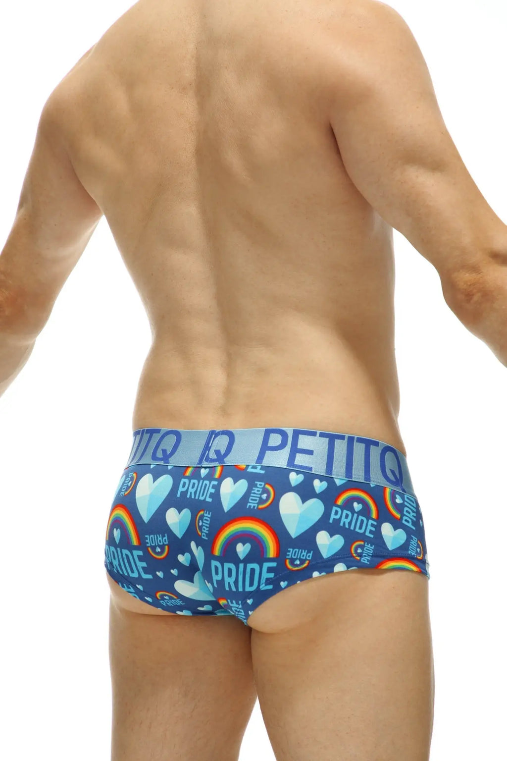 Blue petitq mini boxer double pride briefs with rainbow heart pattern and pride text on the waistband