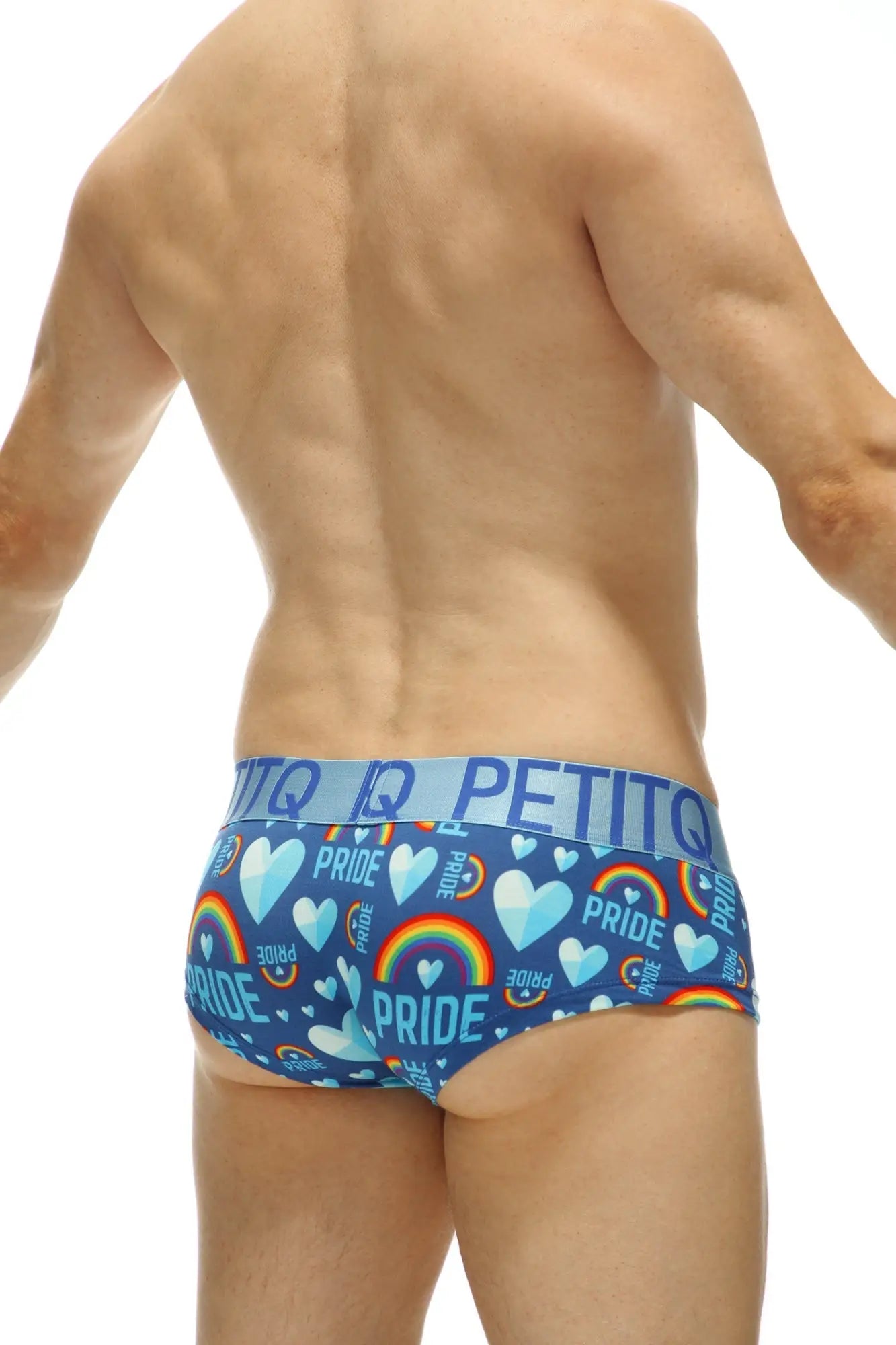Blue petitq mini boxer double pride briefs with rainbow heart pattern and pride text on the waistband