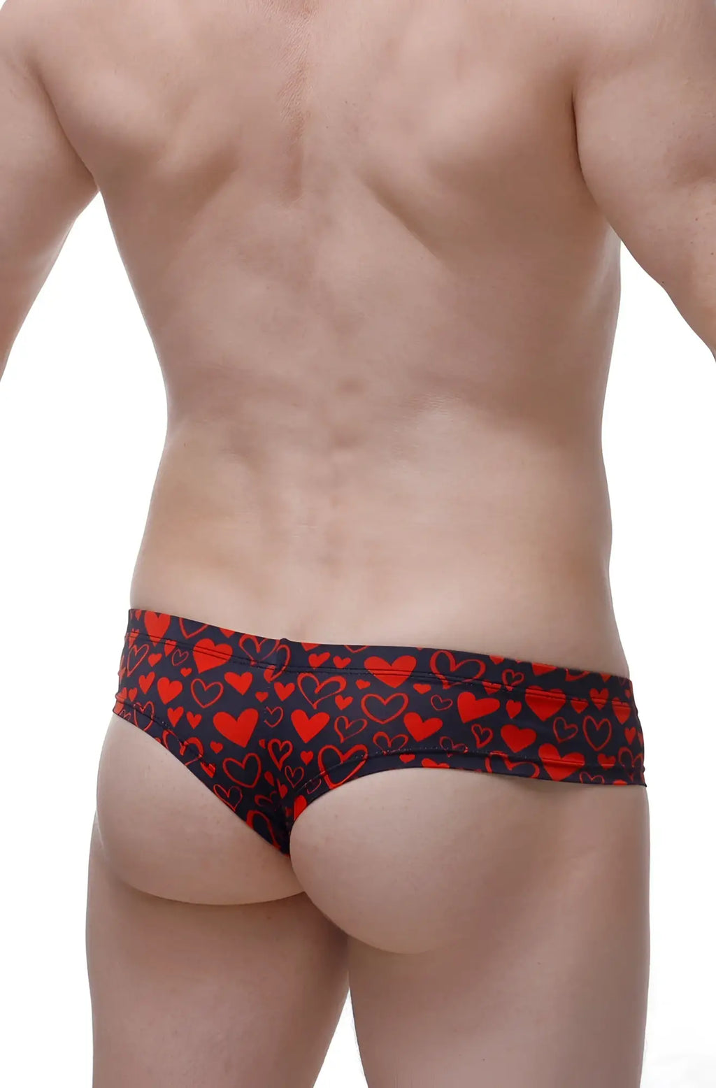 Red heart patterned men’s PetitQ mini boxer briefs on dark navy fabric made of soft stretch cotton material