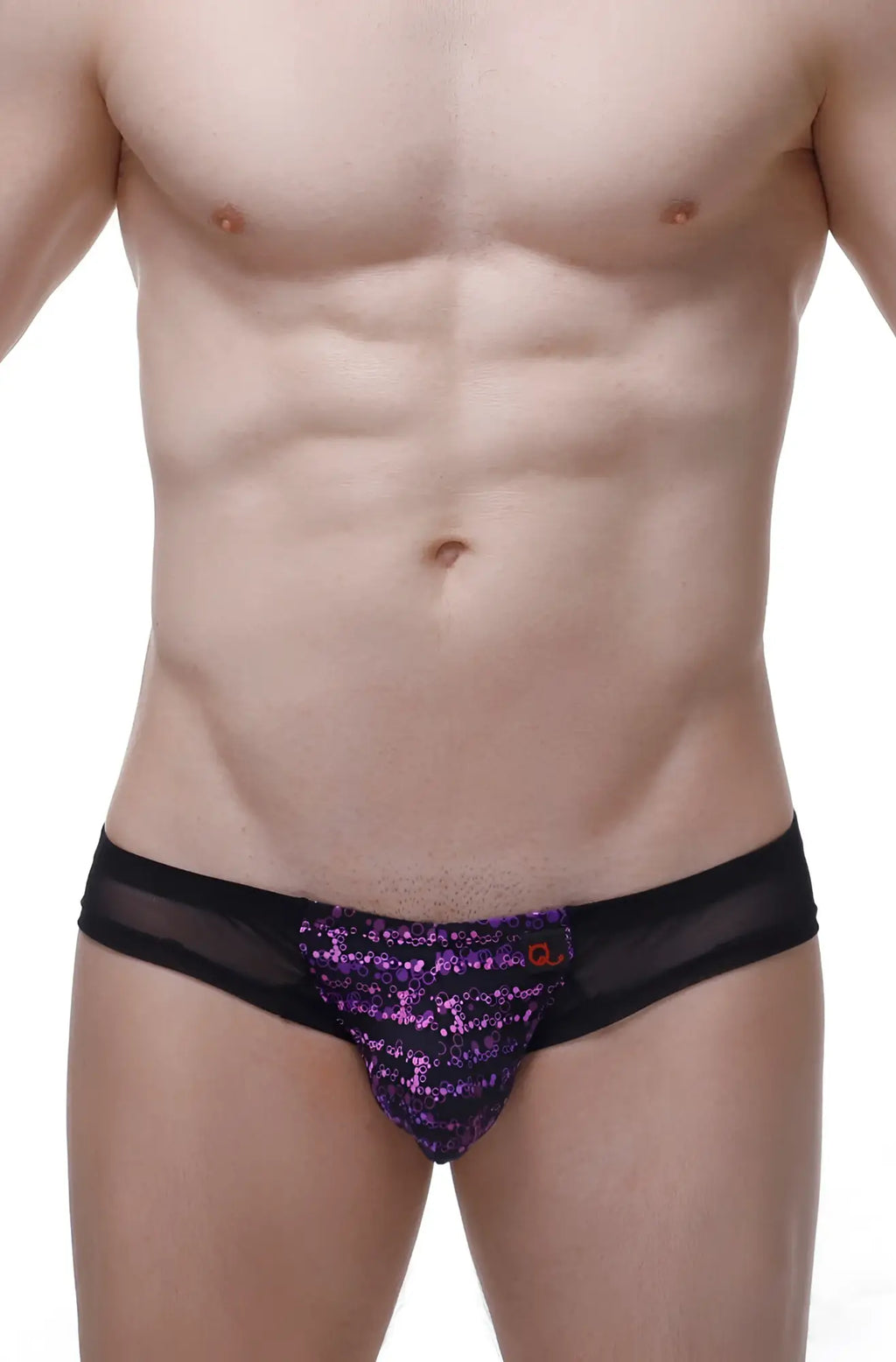 PetitQ mini boxer Macau Bulles purple sequined briefs with black mesh sides and a small orange logo on front