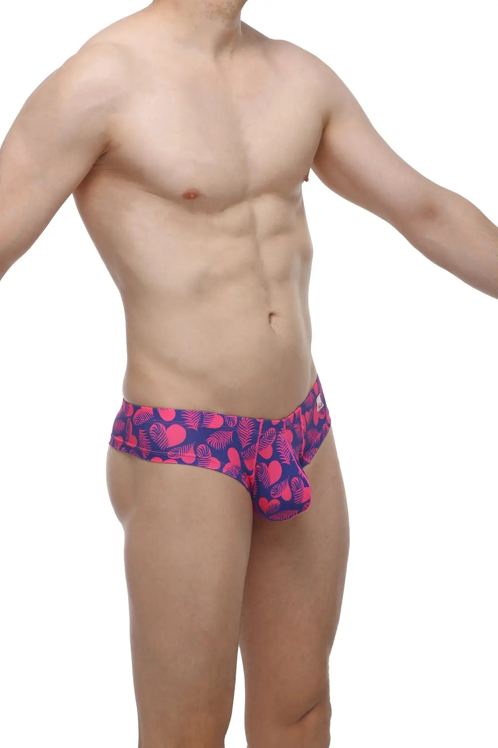 Purple and pink tropical leaf patterned men’s briefs petitQ mini boxer tropical hearts front view