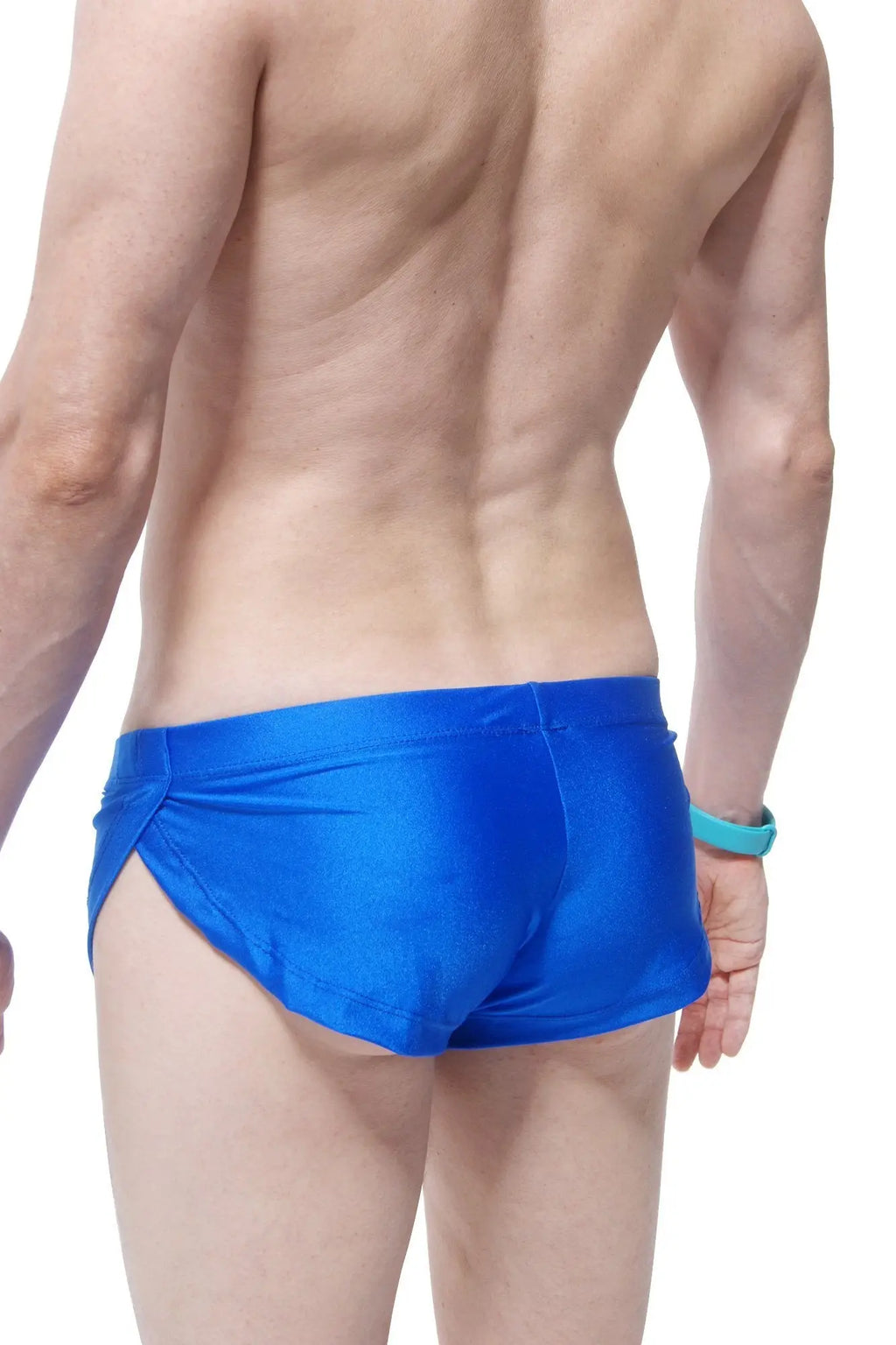 PetitQ running shorts blue featuring bright blue shiny swim trunks with tailored fit and side slits for comfort