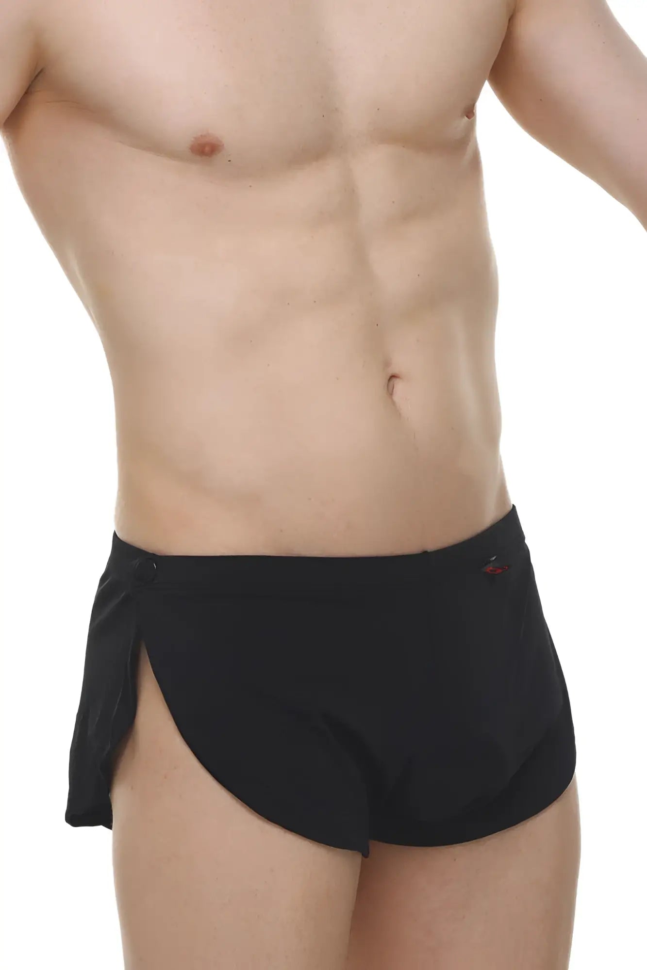 Short snap joe black black athletic briefs with side slit and small red logo on the waistband