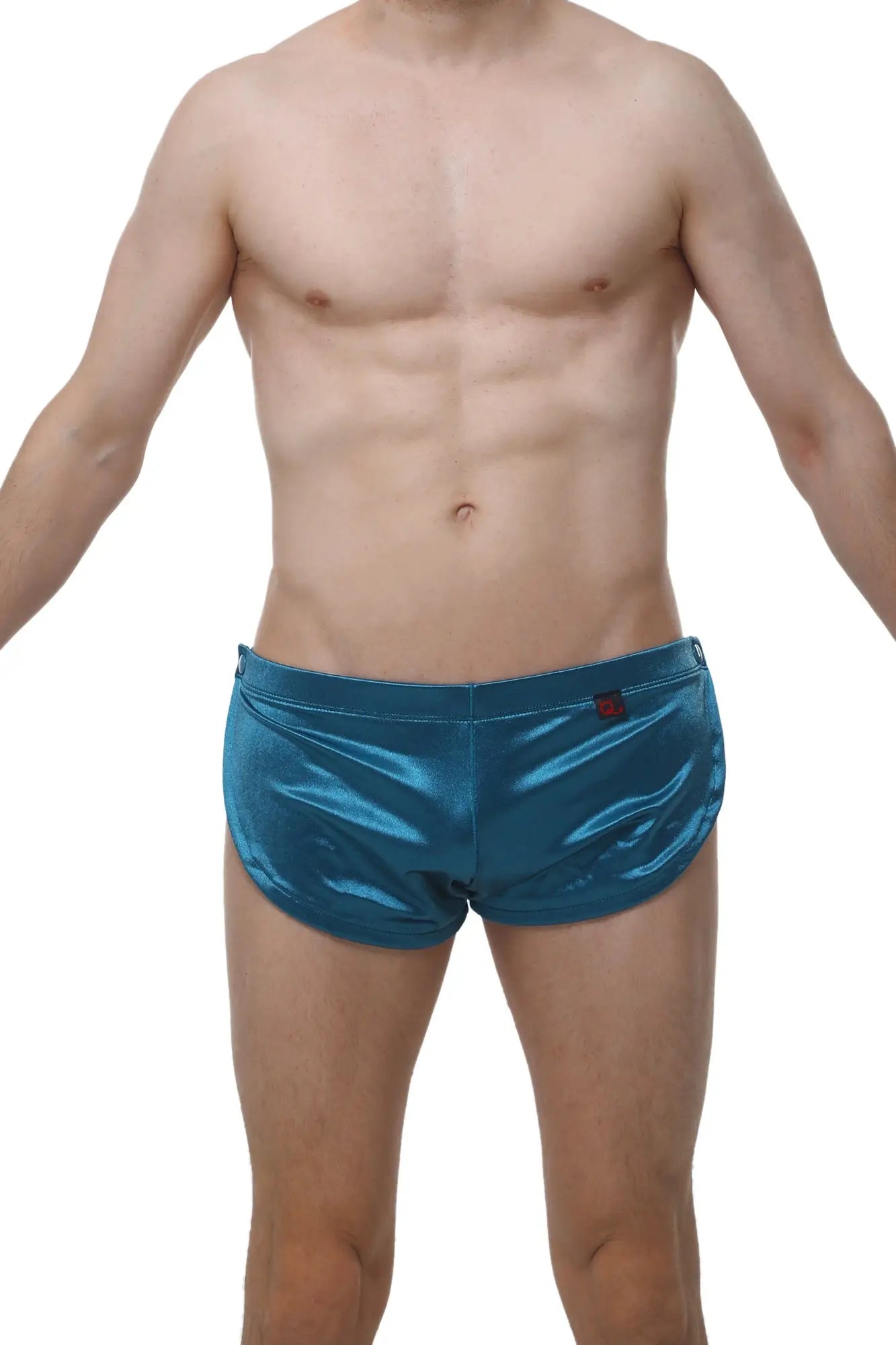 Shiny teal metallic swim trunks made from satin fabric by petitq shorts snap satin teal
