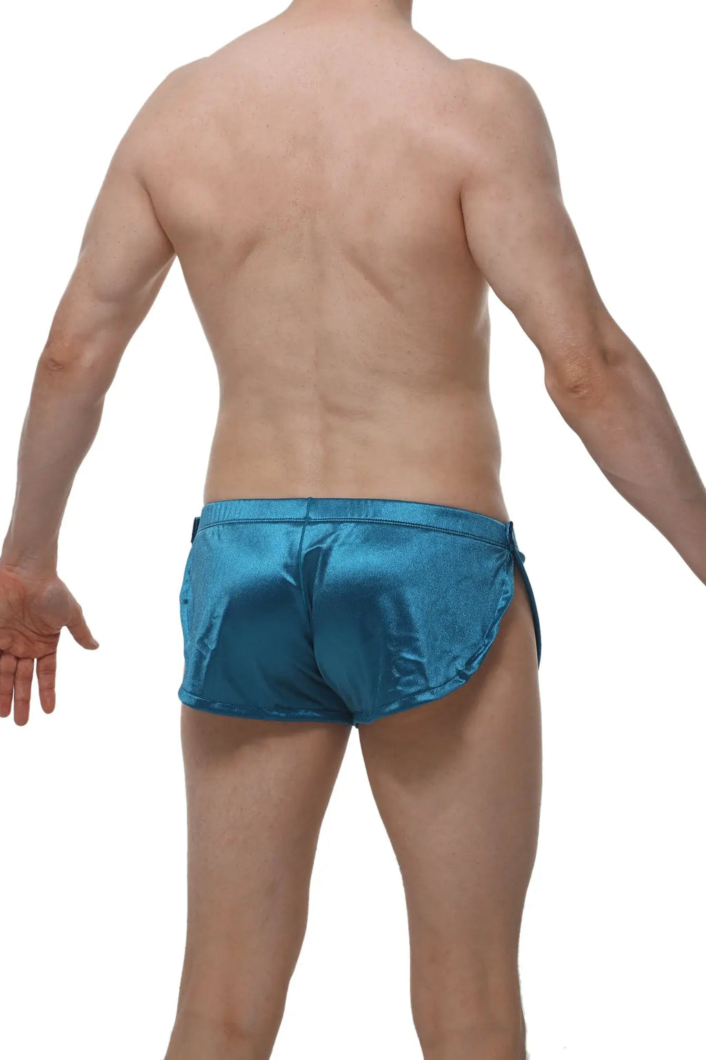 Shiny teal satin swim trunks with a sleek form-fitting design from petitq shorts snap satin teal collection