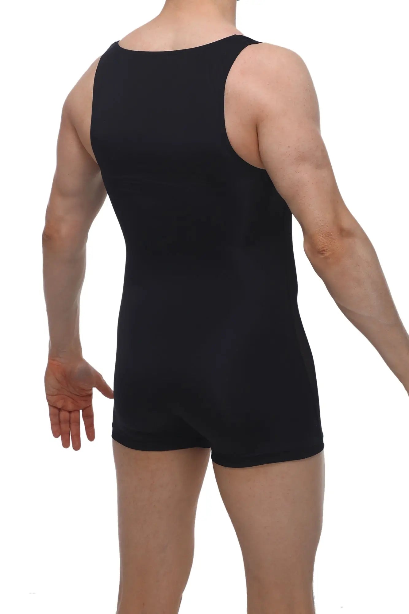Black sleeveless athletic one-piece with snug fit and short legs petitq singlet atchy black front view