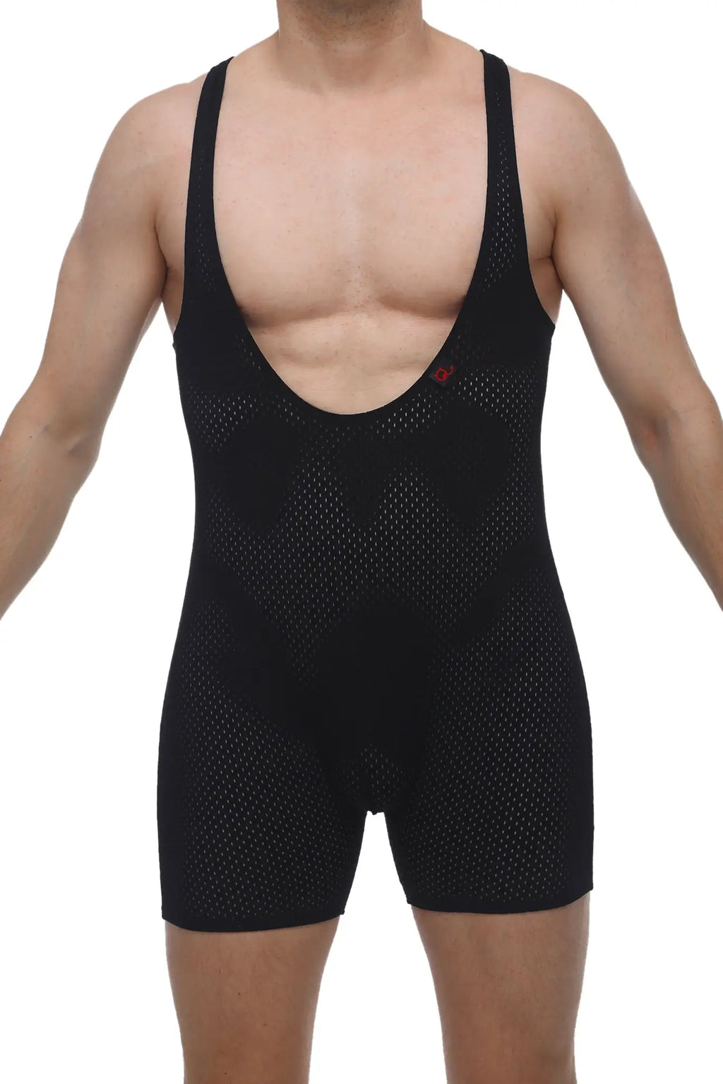 Petitq singlet bee black black mesh athletic bodysuit with deep scoop neckline and wide shoulder straps