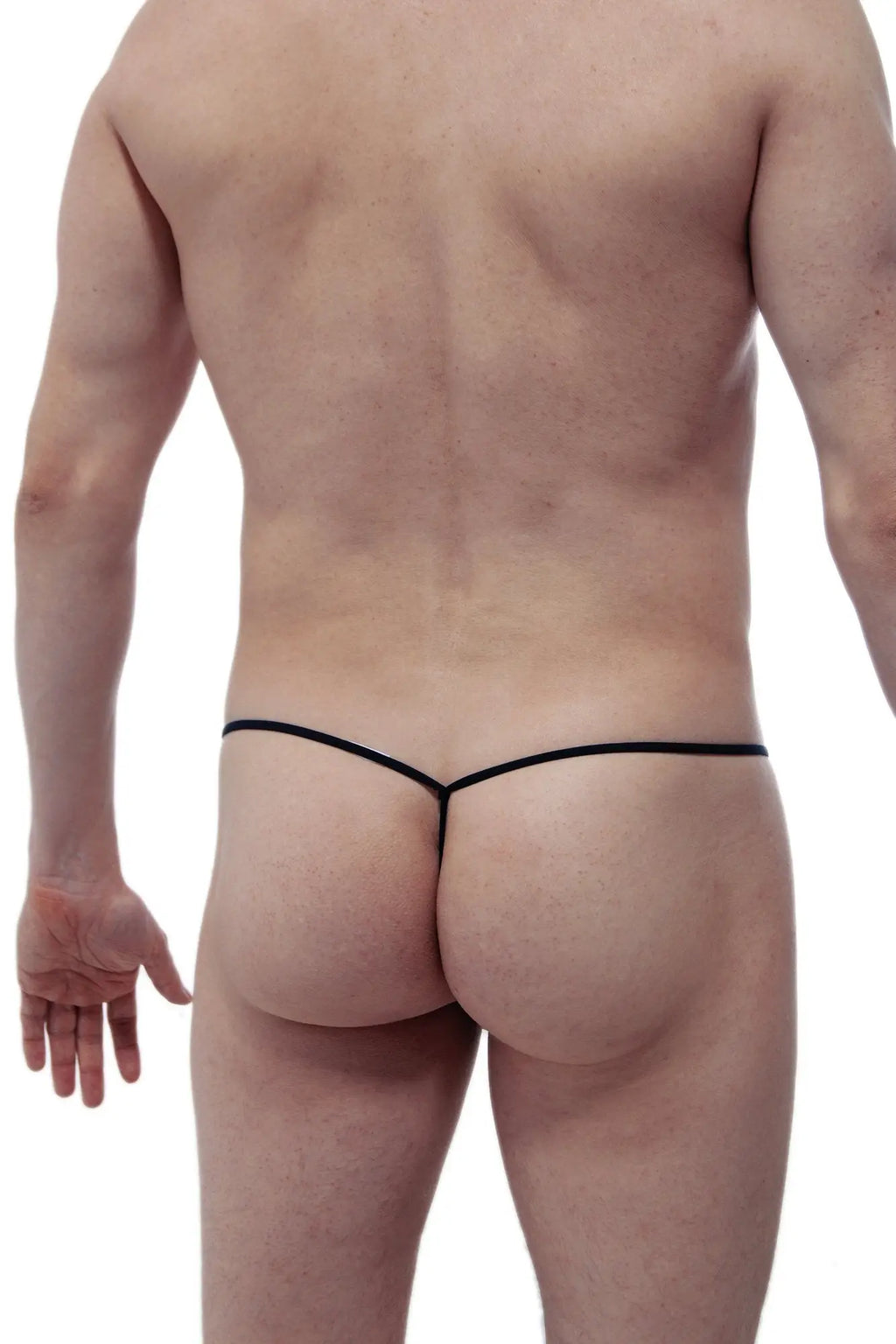 Black thong petitq string c-ring with a thin sleek design showcasing the back side of the product