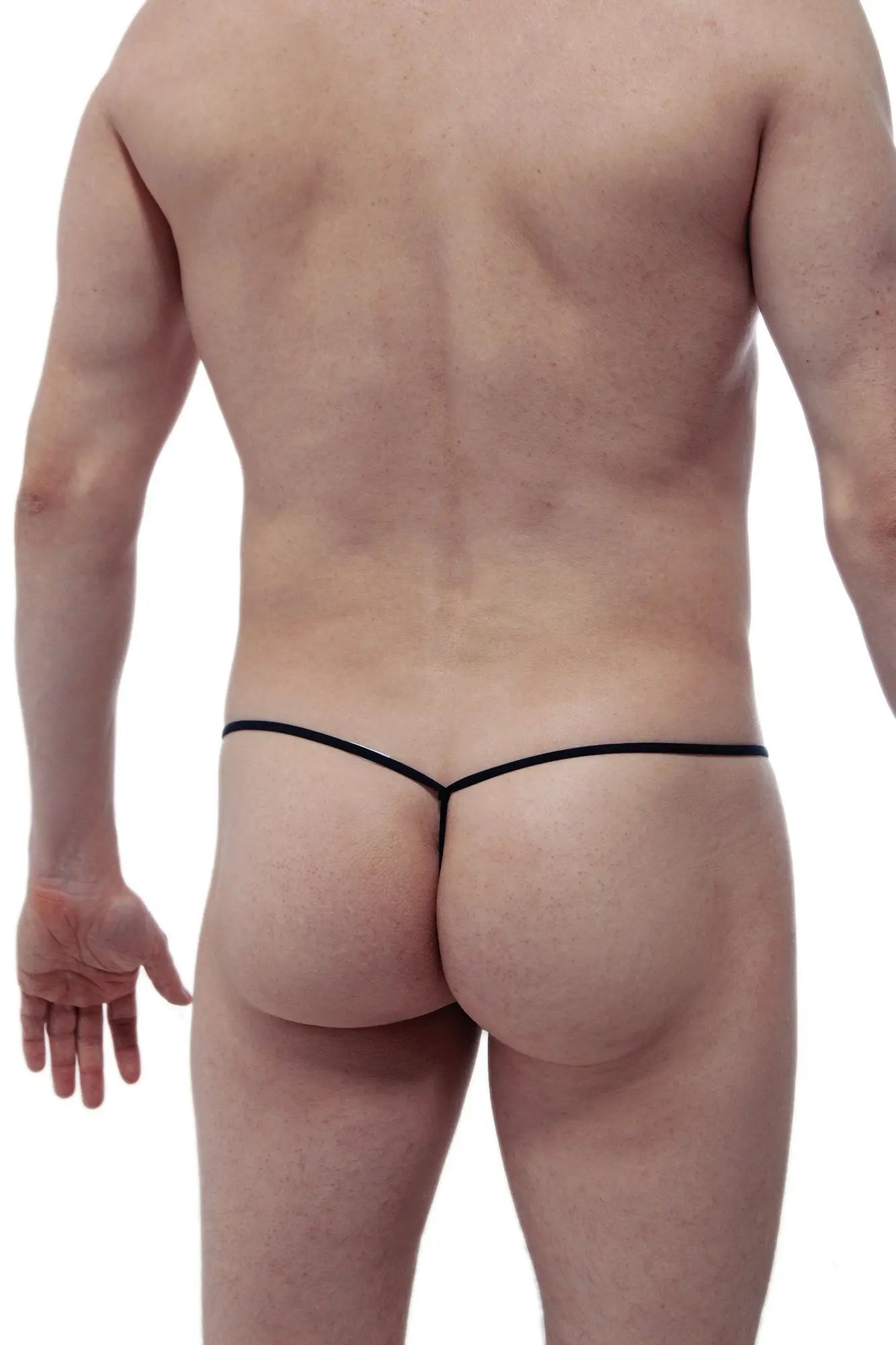 Black thong petitq string c-ring with a thin sleek design showcasing the back side of the product