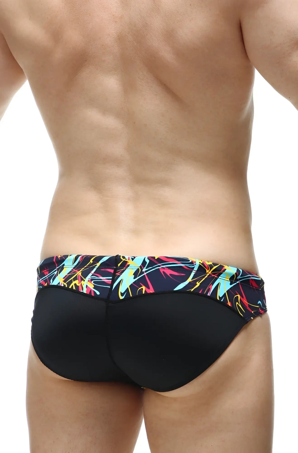 Black petitq swim bikini lecci conca with padded vibrant neon blue yellow and red abstract patterned waistband