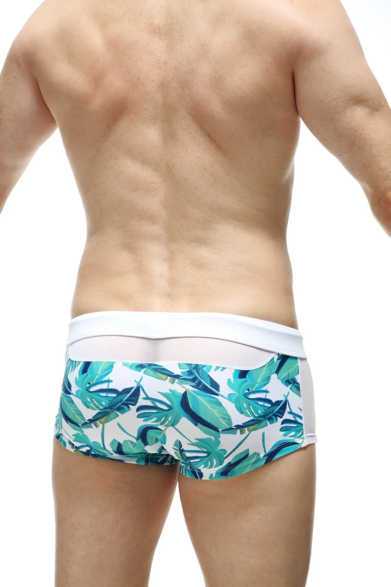 White petitq swim boxer macouba with vibrant teal and green tropical leaf pattern for swimwear use