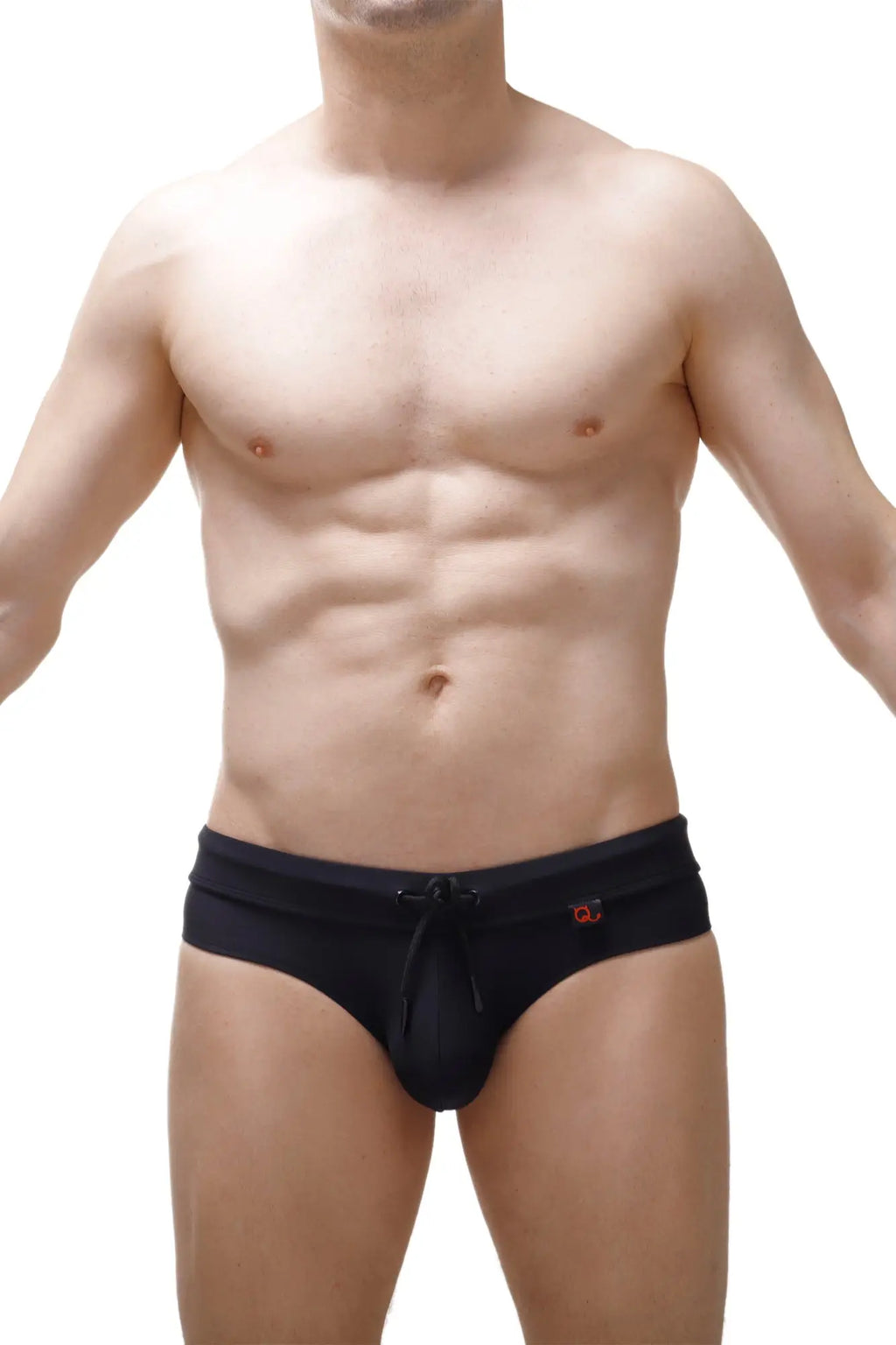 Petitq swim brief mimet recycled black black swim trunks with drawstring waistband and small red logo on the side