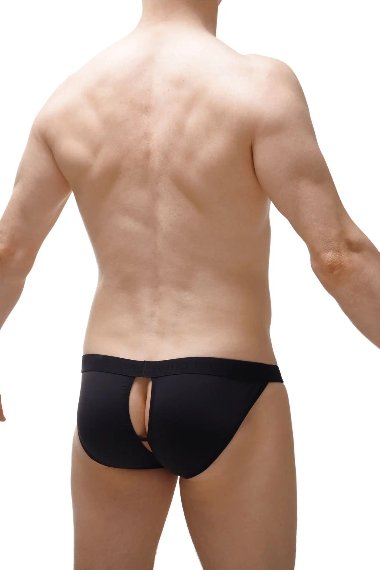 Back view of petitQ tanga teil black black athletic briefs with central cutout for sporty comfort and breathability